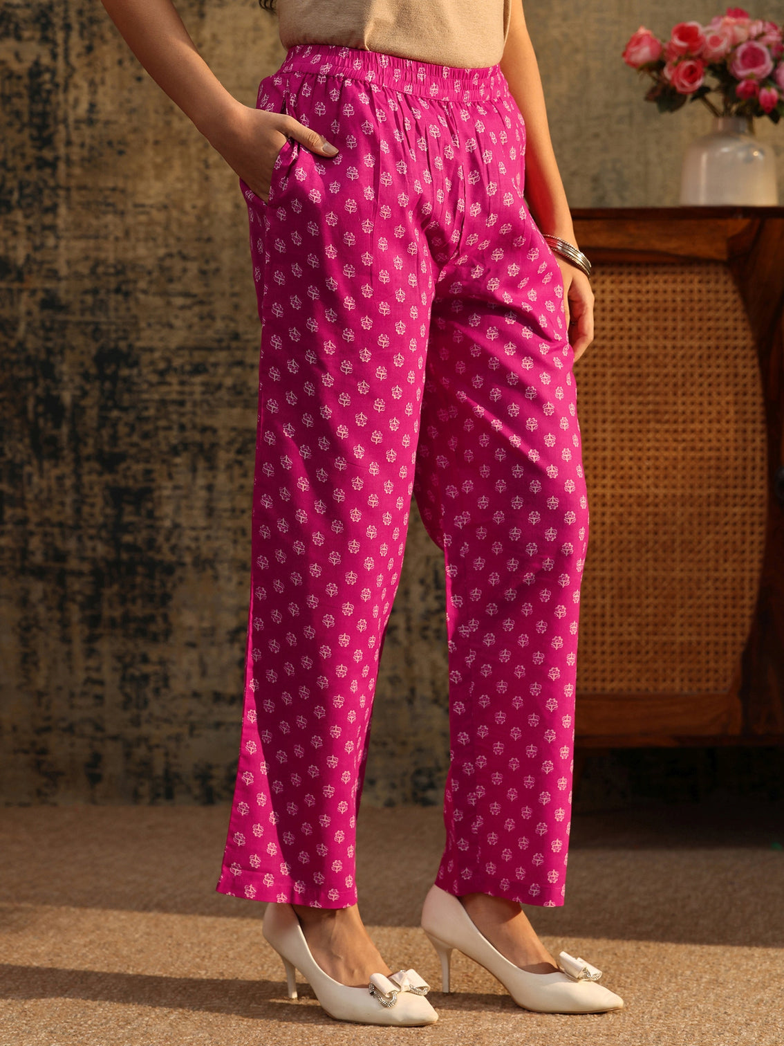 Mameraa Magenta Floral Printed Cotton Straight Suit Set