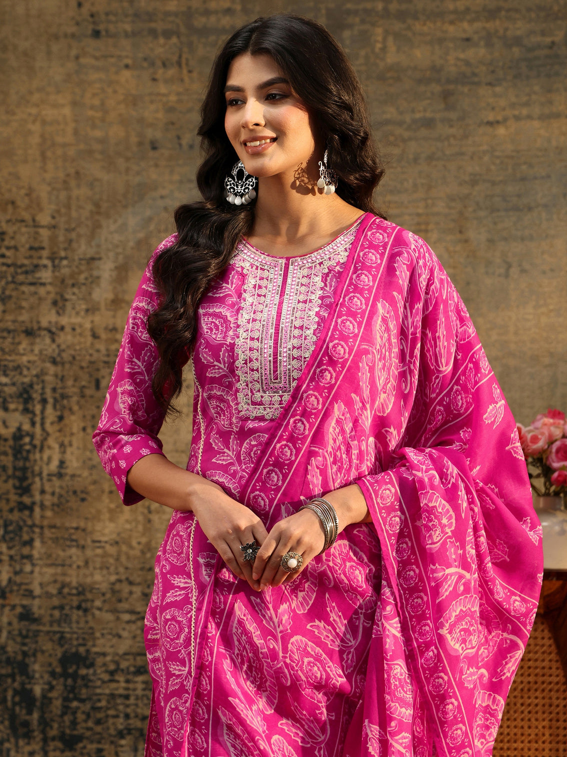 Mameraa Magenta Floral Printed Cotton Straight Suit Set