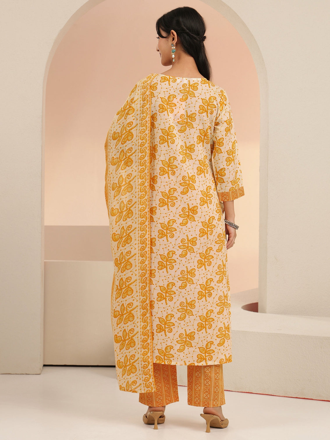 Mameraa Off White Floral Printed Cotton Straight Suit Set