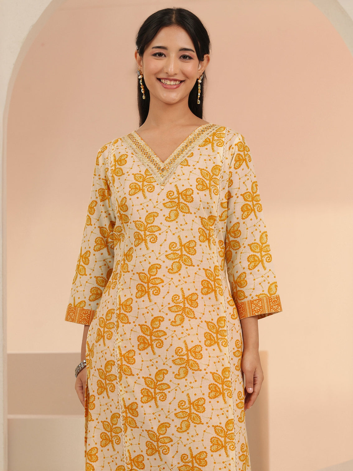 Mameraa Off White Floral Printed Cotton Straight Suit Set