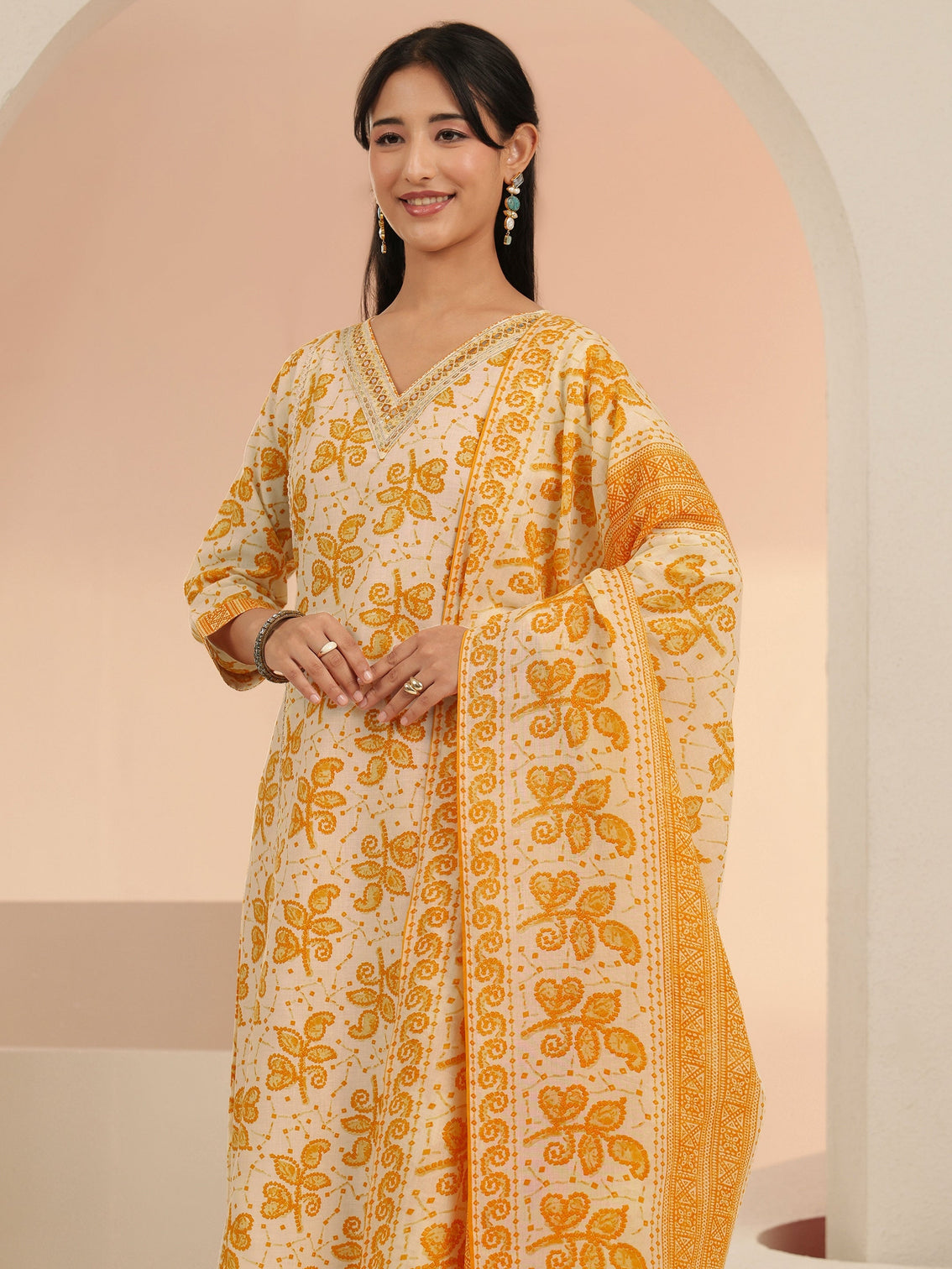Mameraa Off White Floral Printed Cotton Straight Suit Set