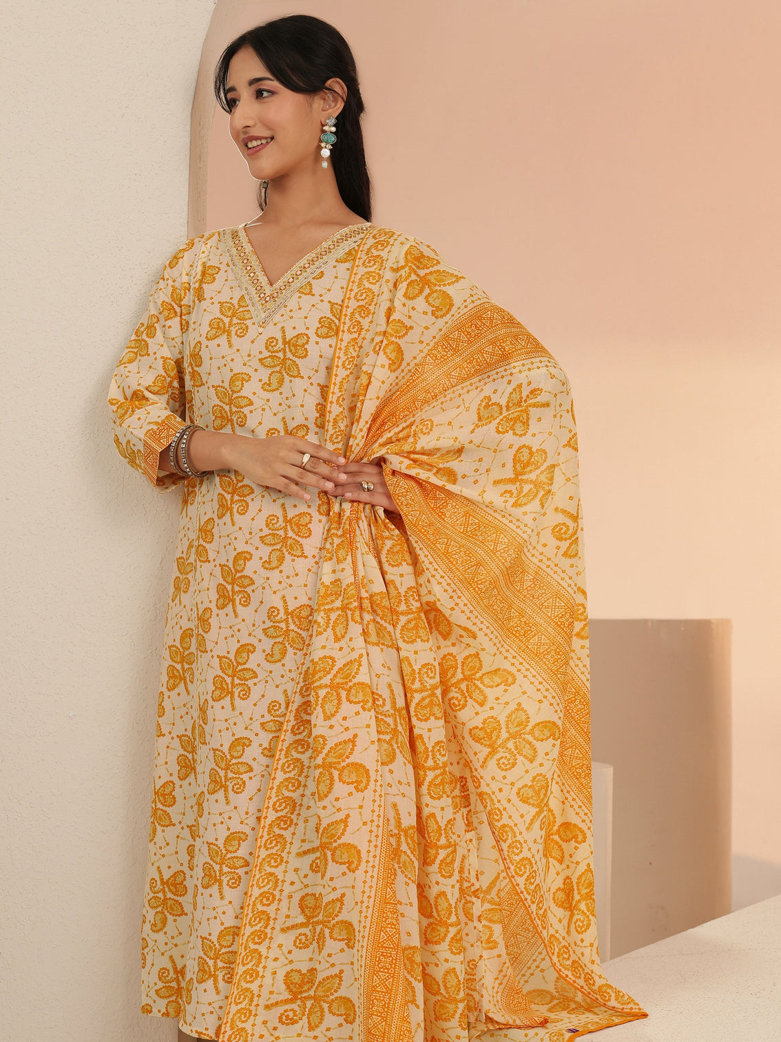 Mameraa Off White Floral Printed Cotton Straight Suit Set