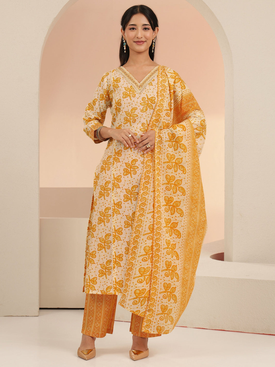 Mameraa Off White Floral Printed Cotton Straight Suit Set