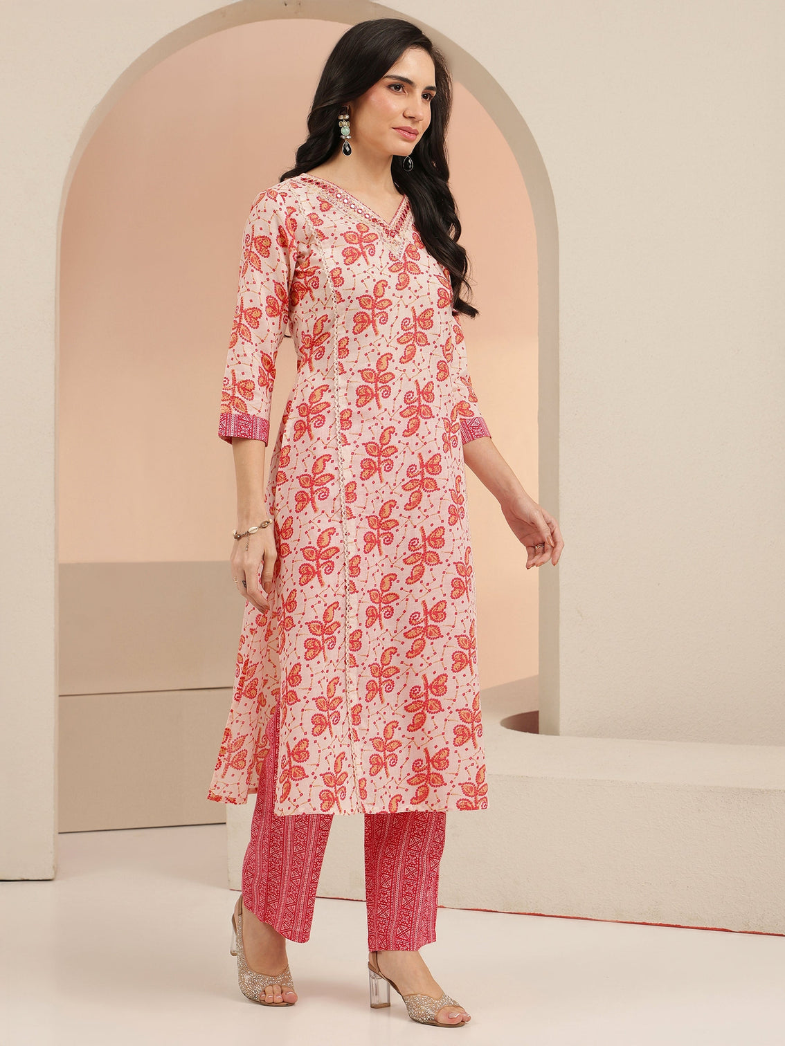 Mameraa Off White Floral Printed Cotton Straight Suit Set