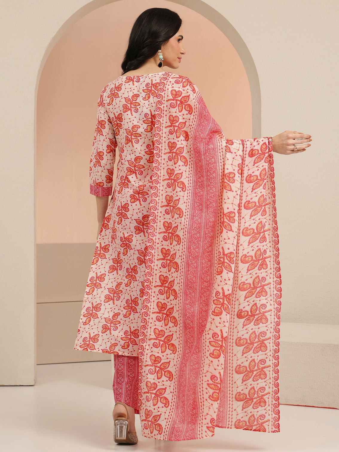 Mameraa Off White Floral Printed Cotton Straight Suit Set