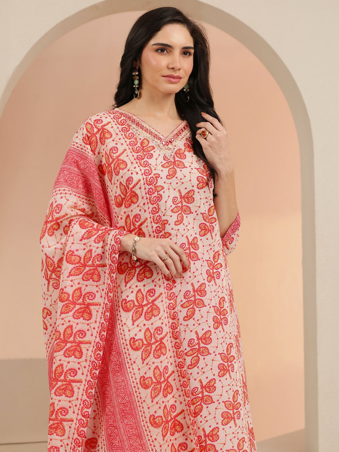 Mameraa Off White Floral Printed Cotton Straight Suit Set