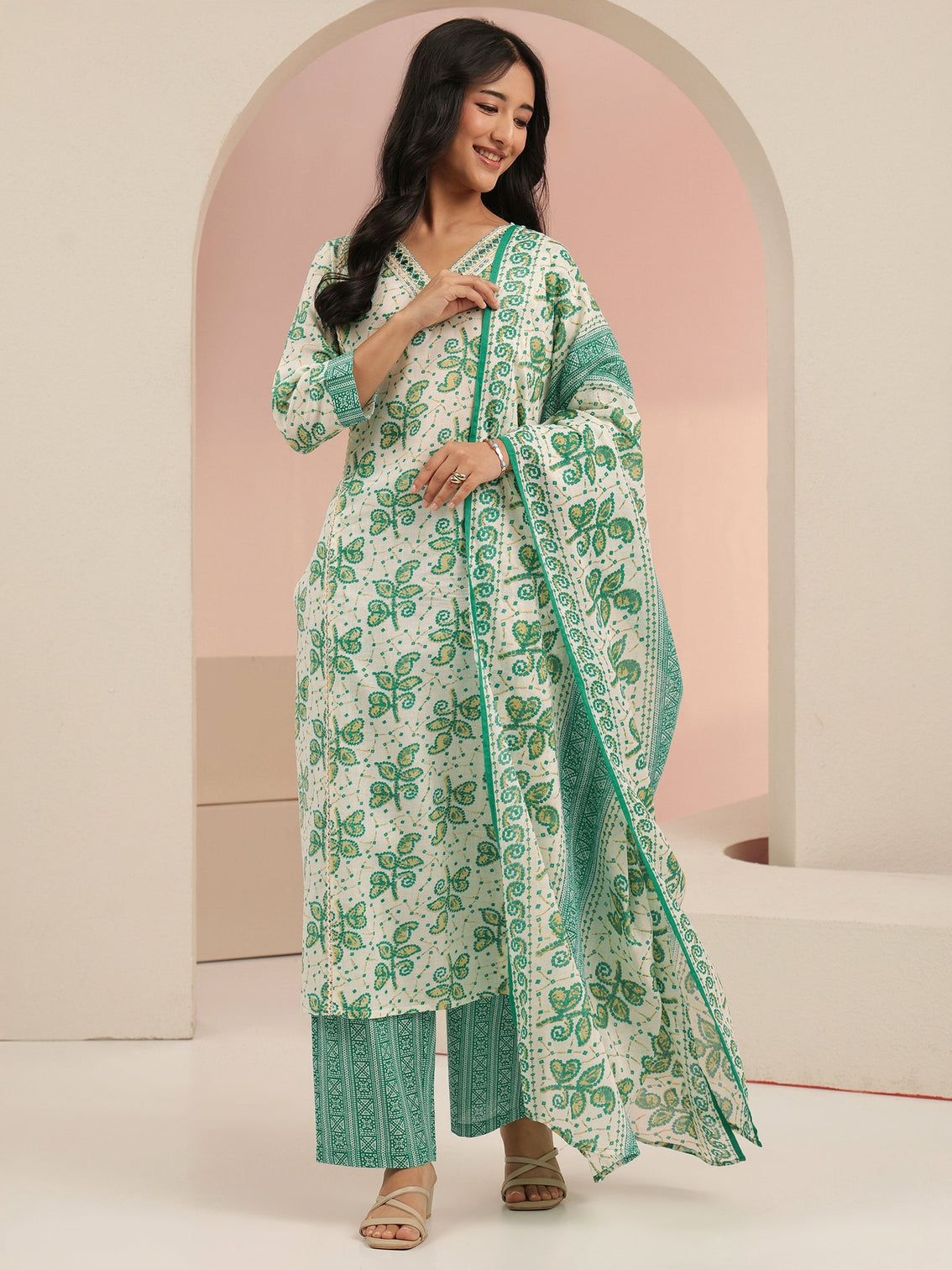 Mameraa Off White Floral Printed Cotton Straight Suit Set