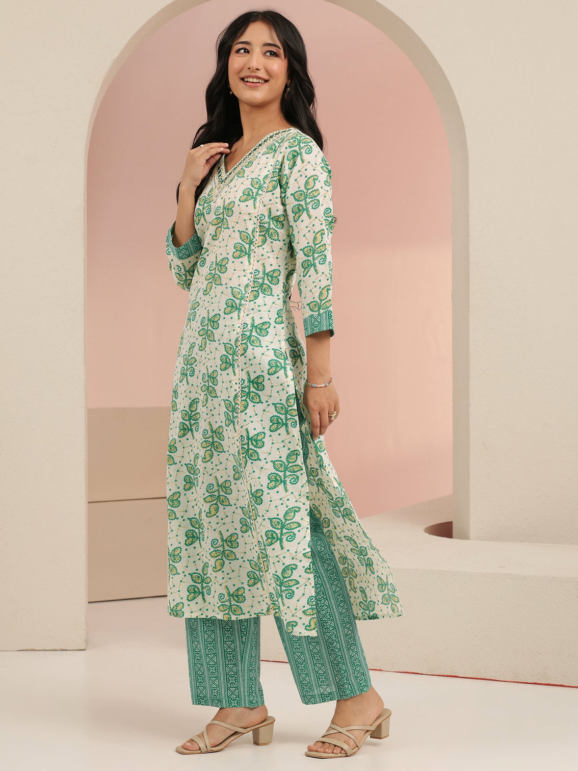 Mameraa Off White Floral Printed Cotton Straight Suit Set