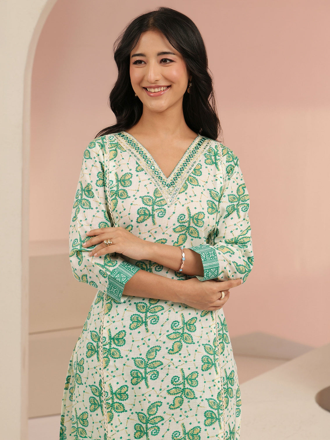Mameraa Off White Floral Printed Cotton Straight Suit Set