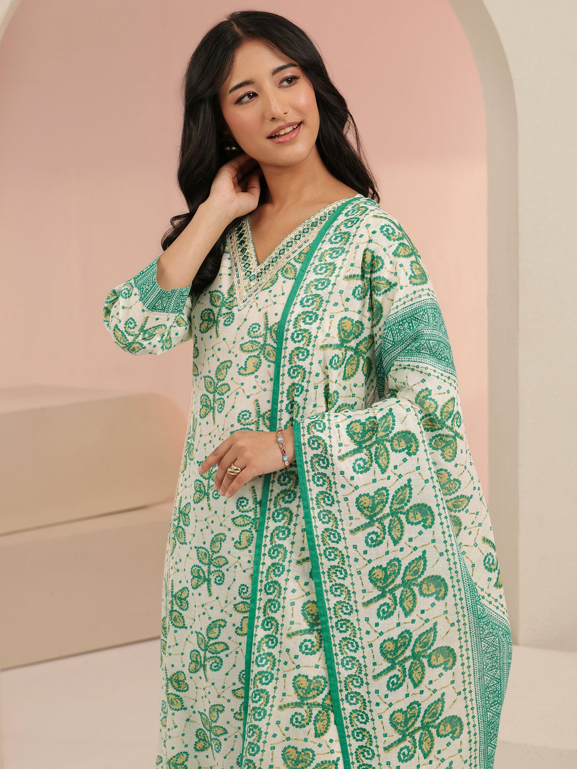 Mameraa Off White Floral Printed Cotton Straight Suit Set