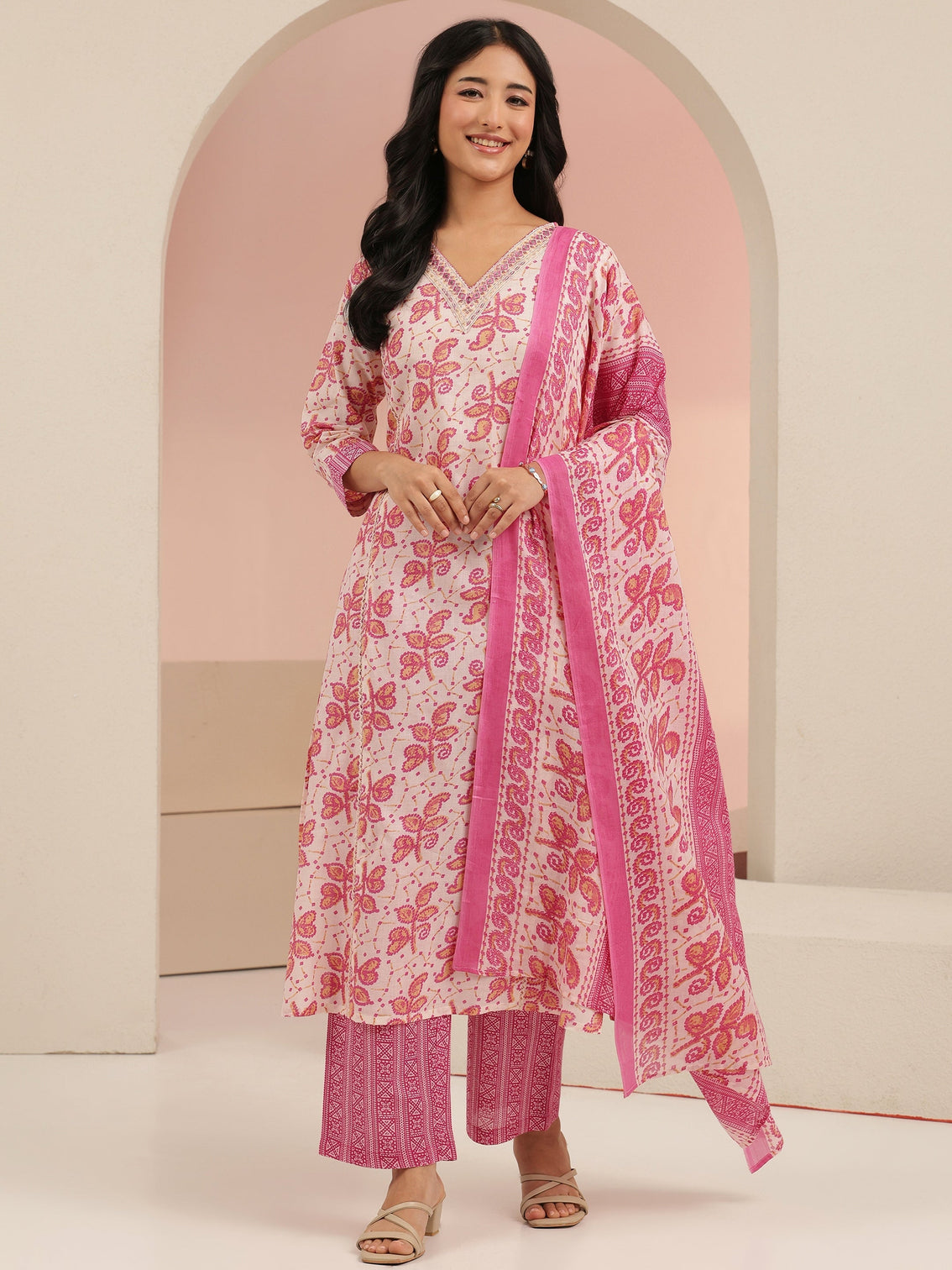 Mameraa Off White Floral Printed Cotton Straight Suit Set