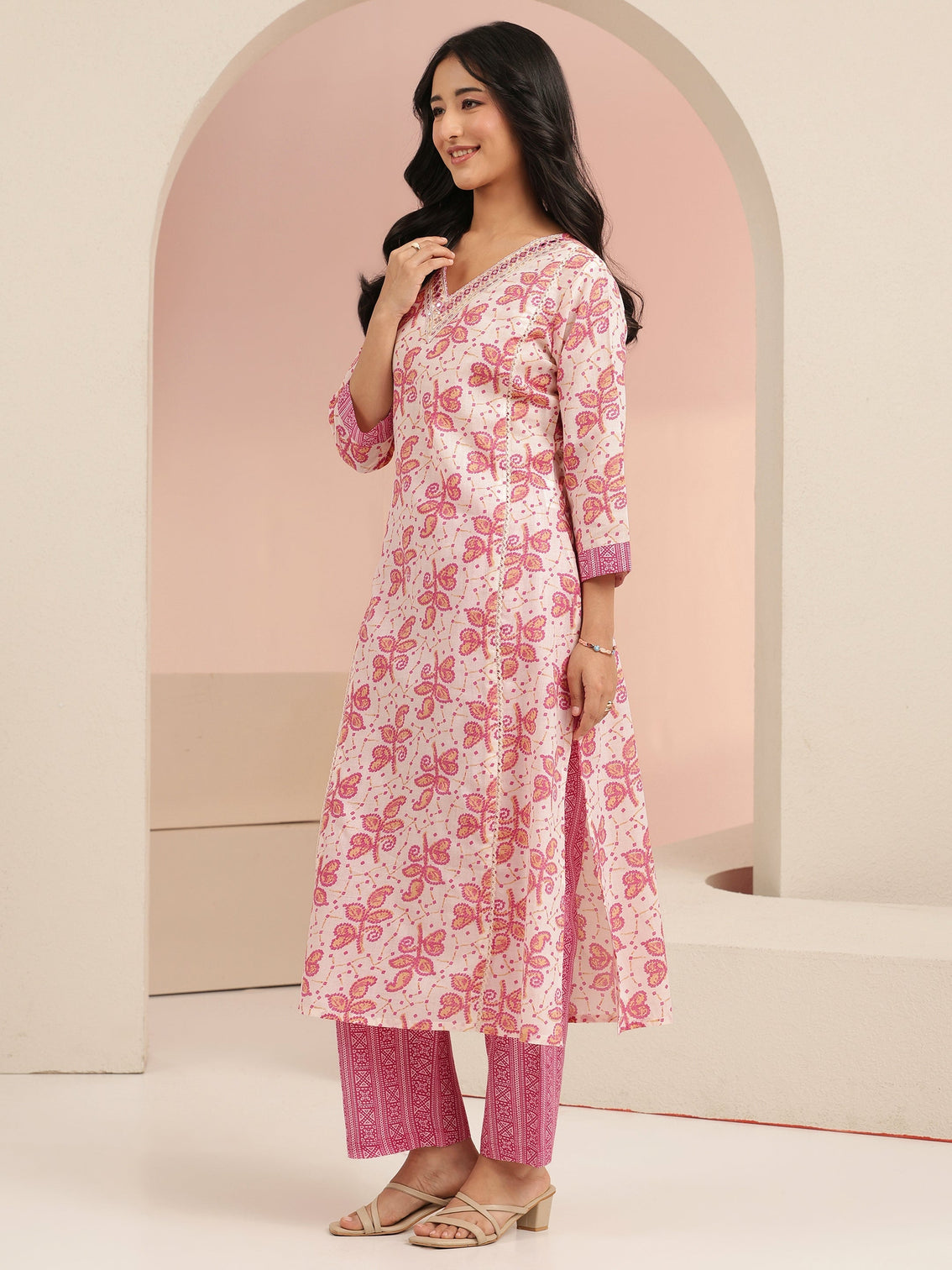 Mameraa Off White Floral Printed Cotton Straight Suit Set
