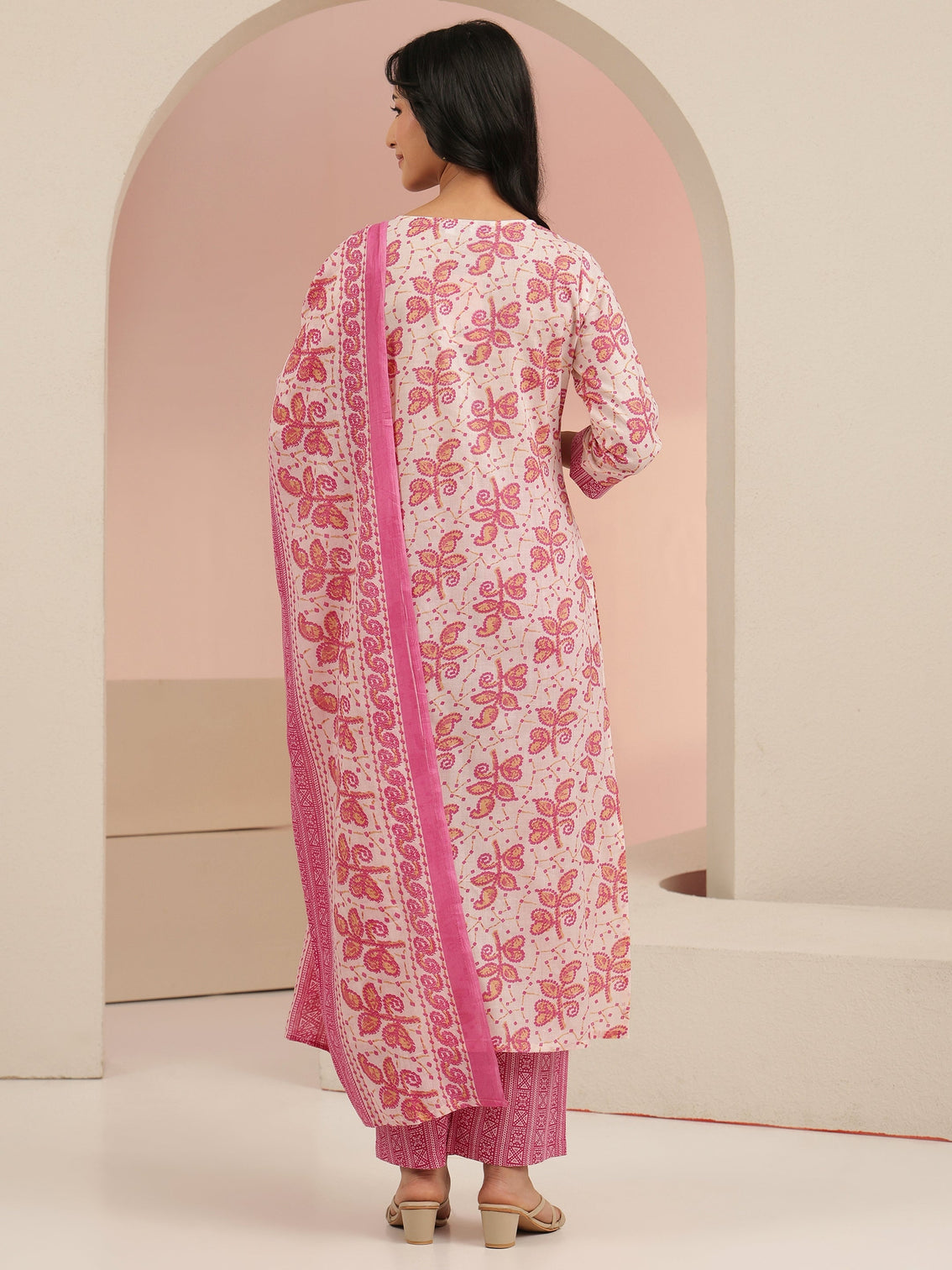 Mameraa Off White Floral Printed Cotton Straight Suit Set