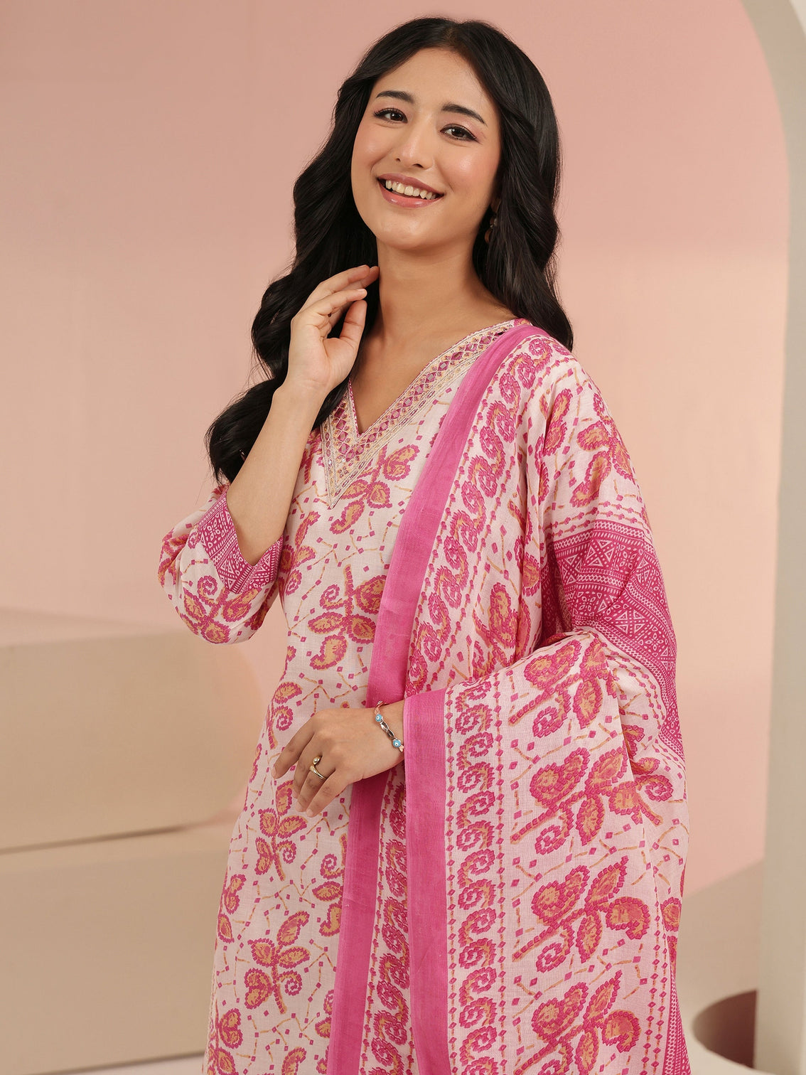 Mameraa Off White Floral Printed Cotton Straight Suit Set