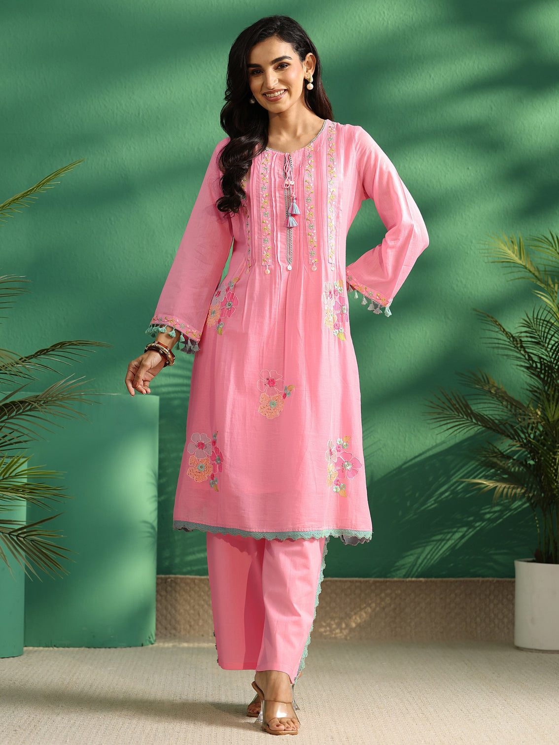Mameraa Bubblegum Pink Floral Embroidered Co-Ord Set