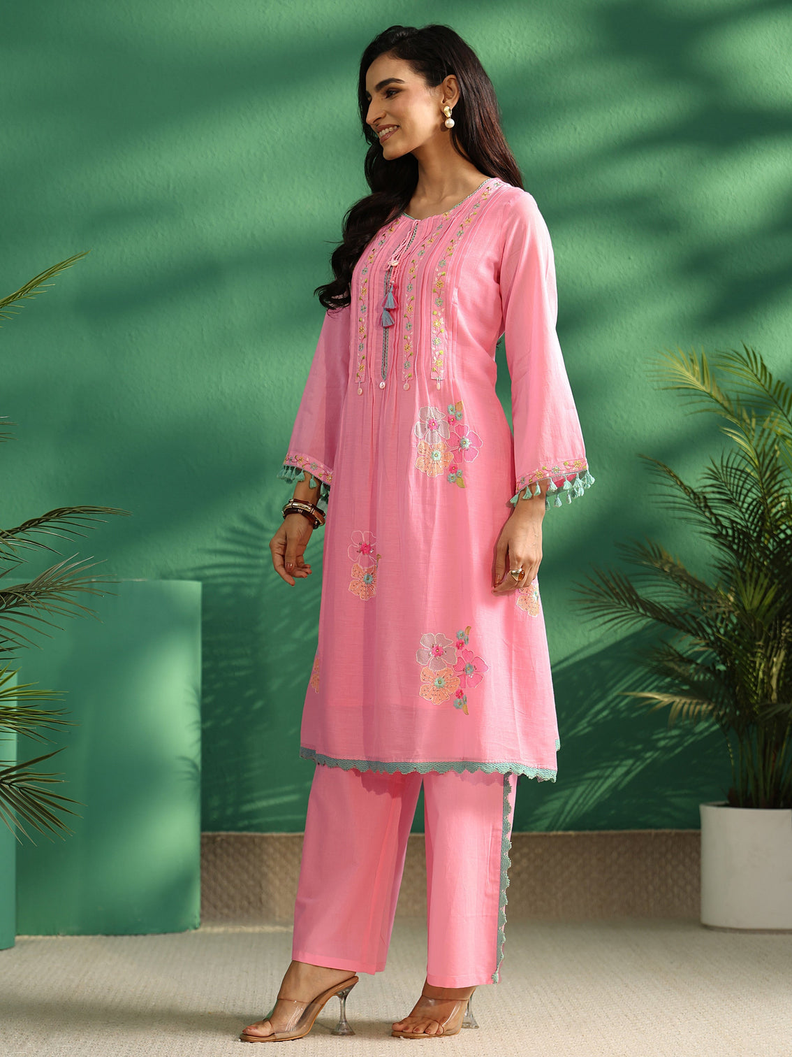Mameraa Bubblegum Pink Floral Embroidered Co-Ord Set
