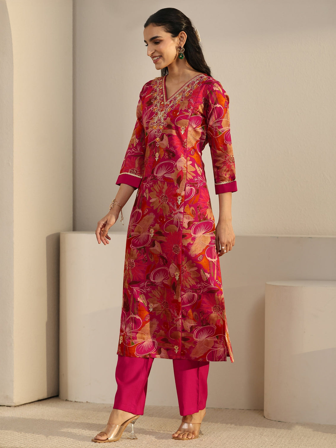 Mameraa Pink Floral Printed Cotton Blend Straight Suit Set