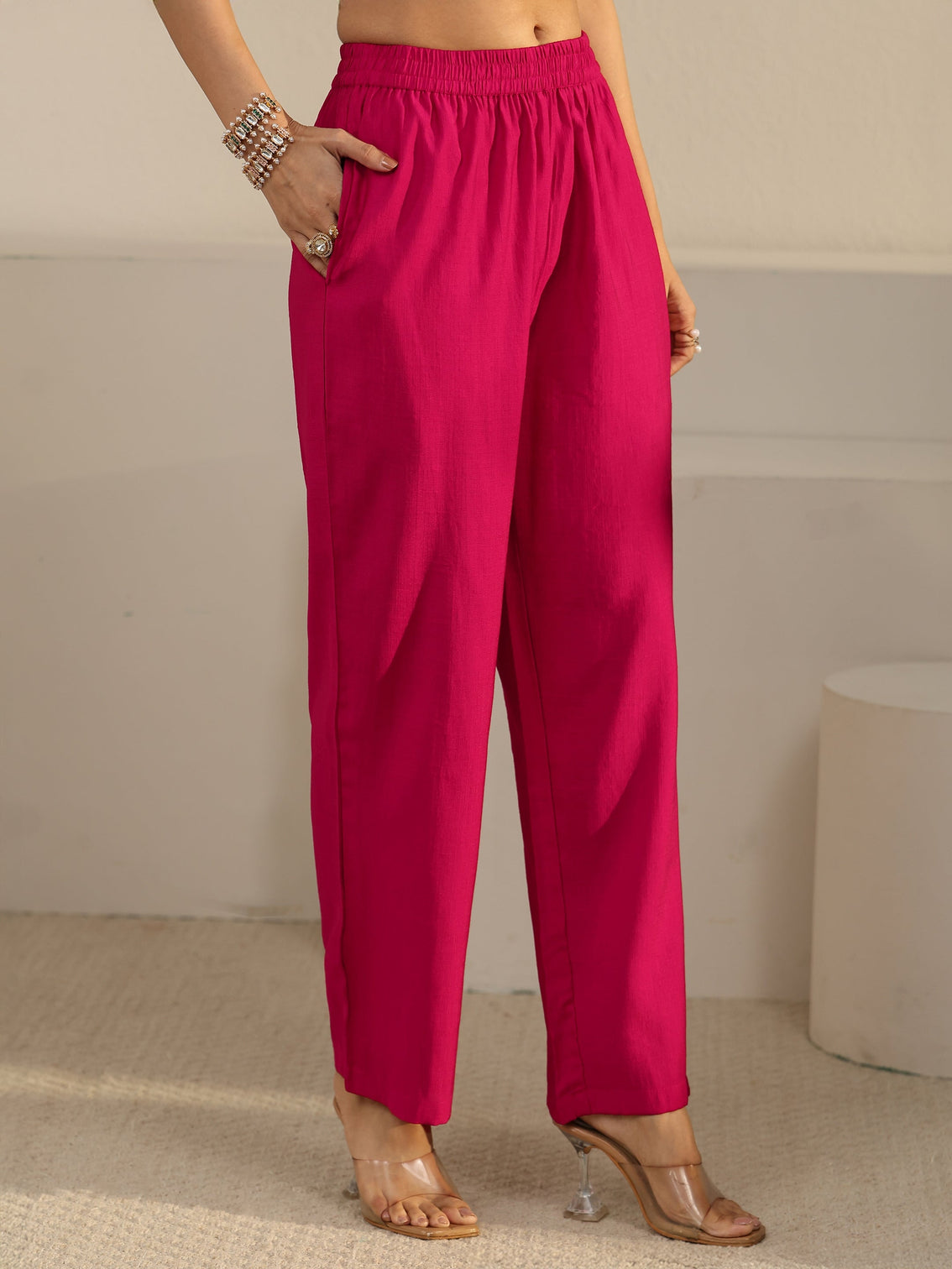 Mameraa Pink Floral Printed Cotton Blend Straight Suit Set
