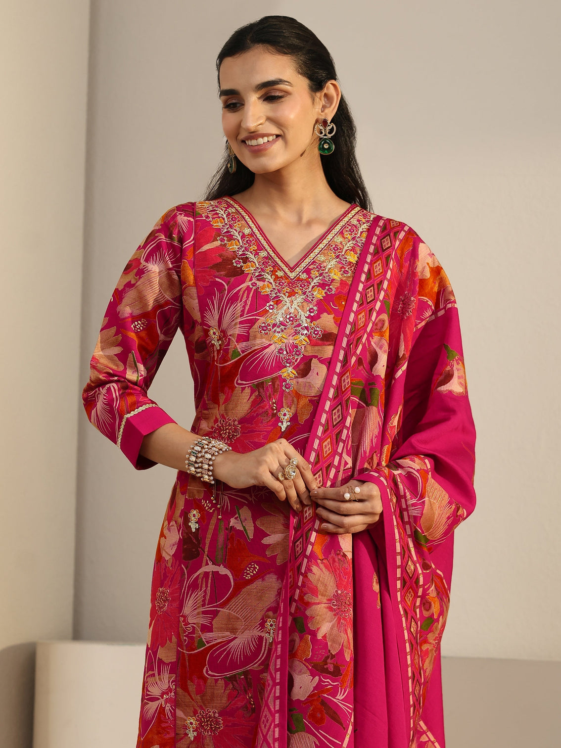 Mameraa Pink Floral Printed Cotton Blend Straight Suit Set