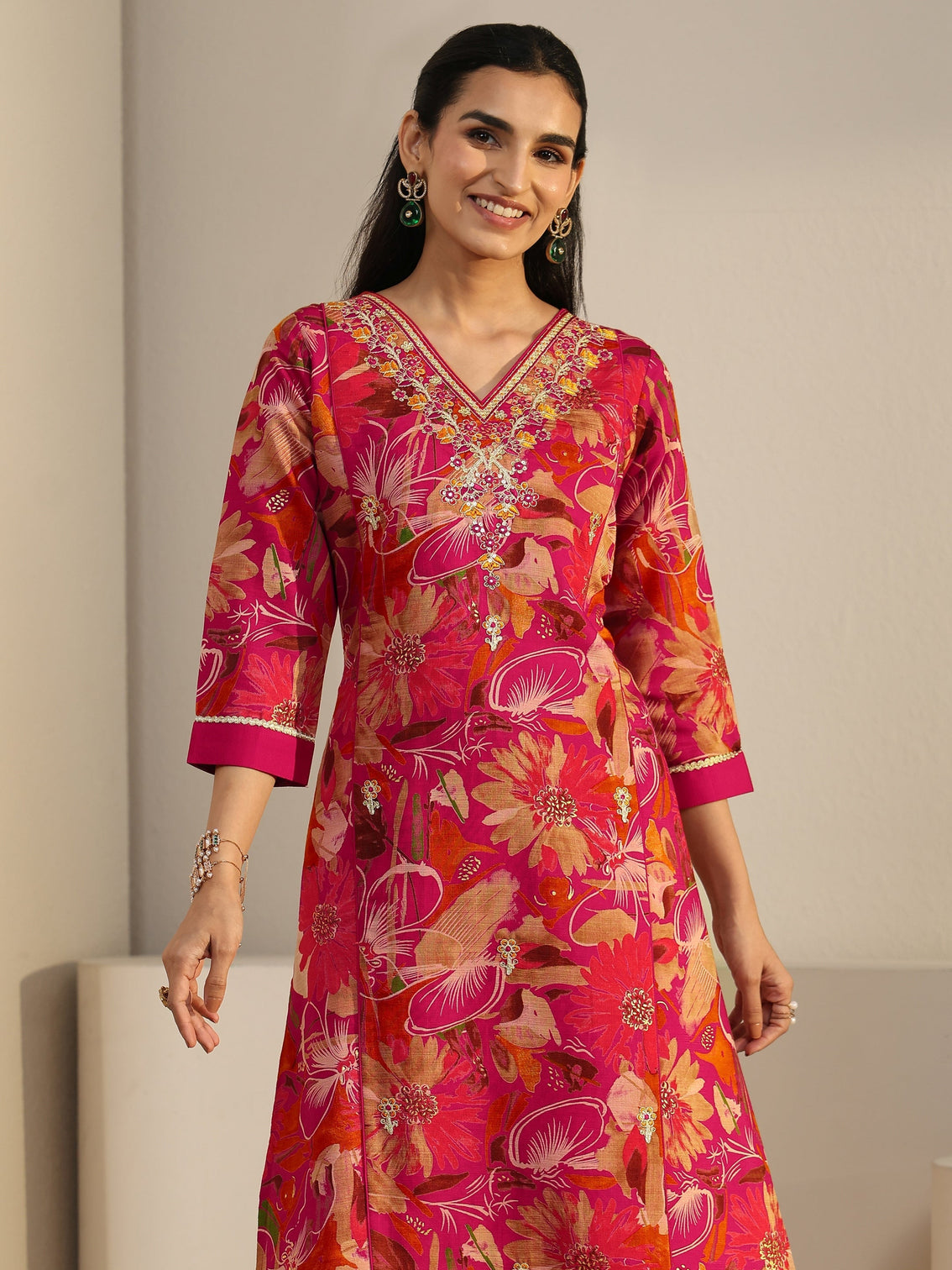 Mameraa Pink Floral Printed Cotton Blend Straight Suit Set
