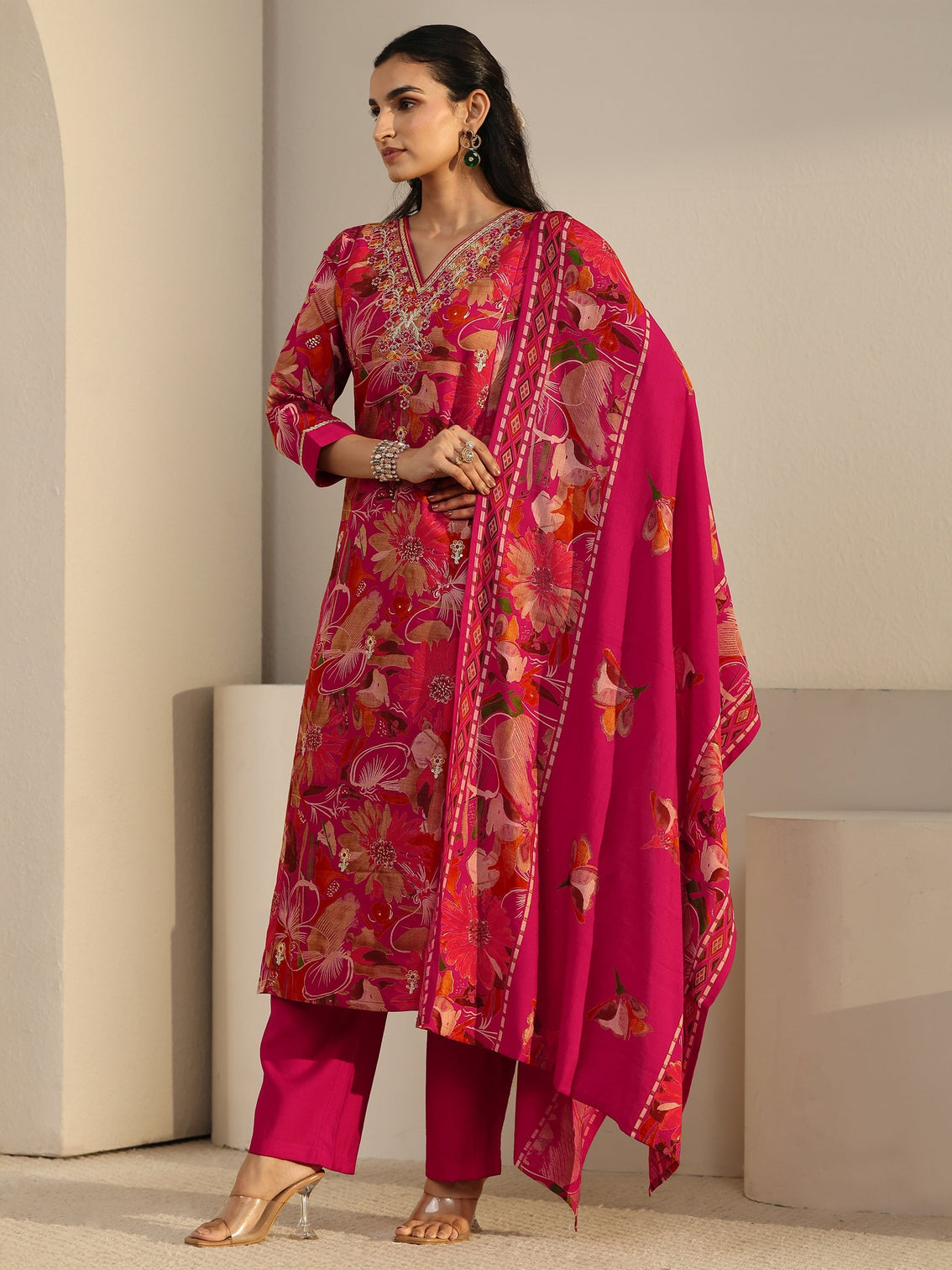 Mameraa Pink Floral Printed Cotton Blend Straight Suit Set