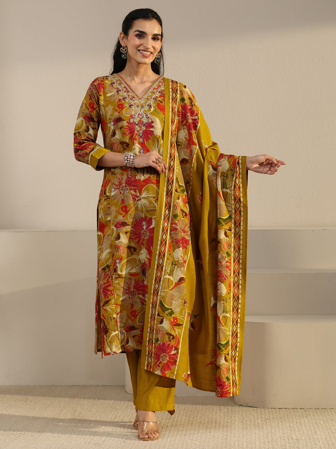 Mameraa Mustard Floral Printed Cotton Blend Straight Suit Set
