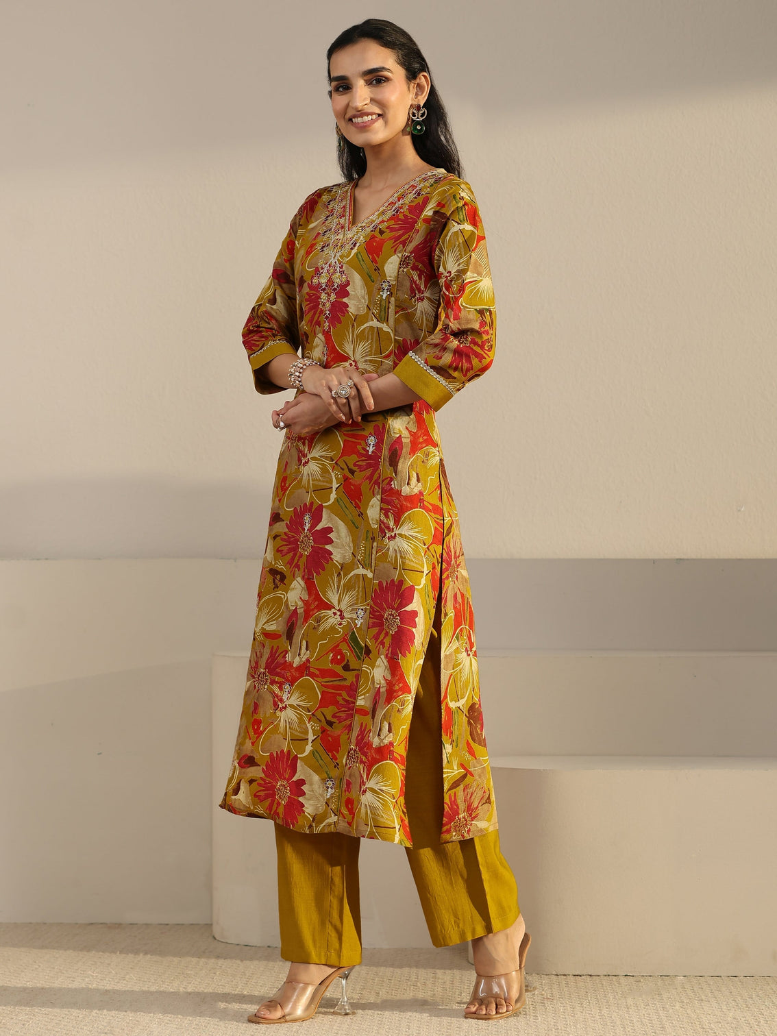Mameraa Mustard Floral Printed Cotton Blend Straight Suit Set
