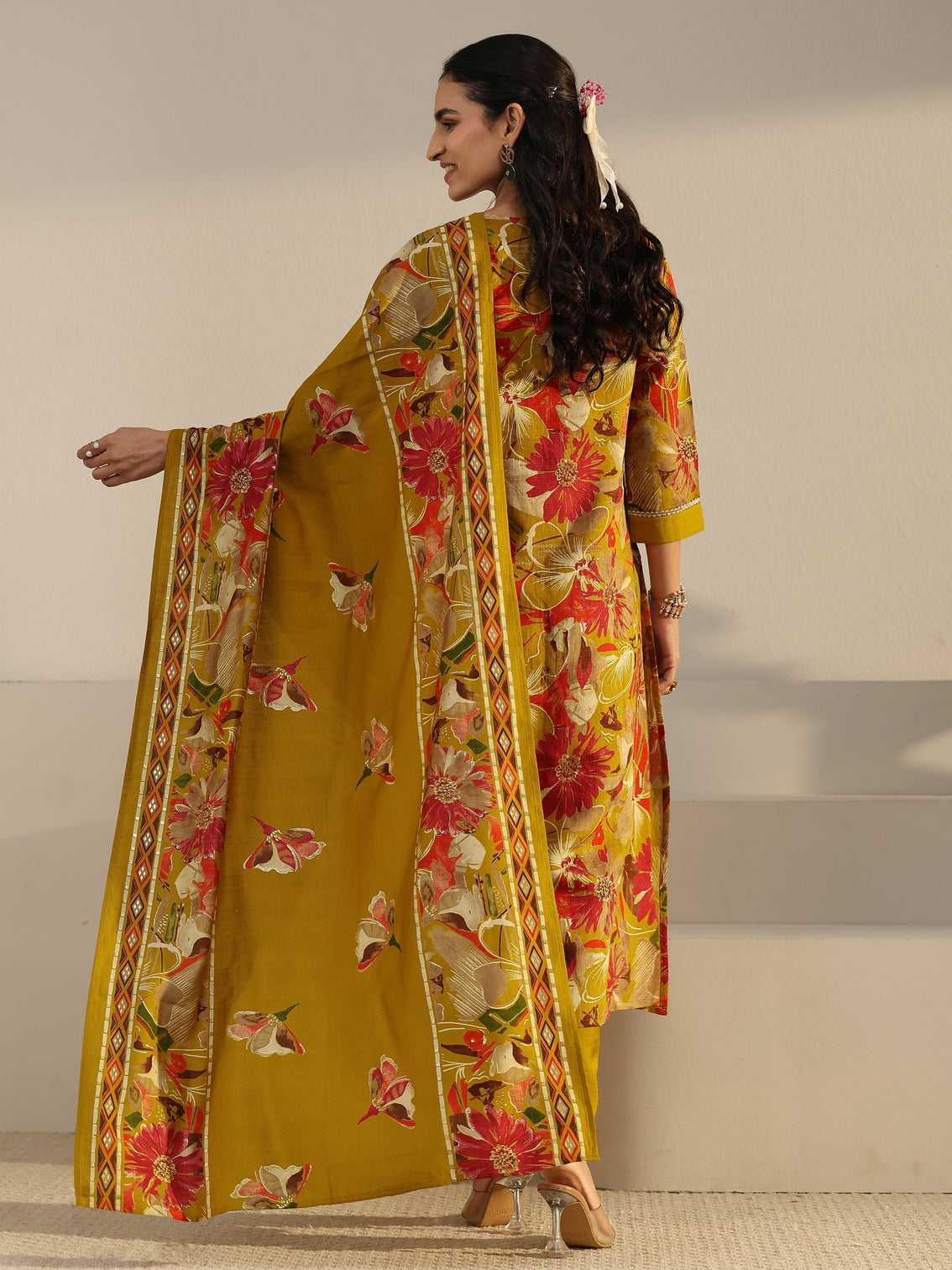 Mameraa Mustard Floral Printed Cotton Blend Straight Suit Set