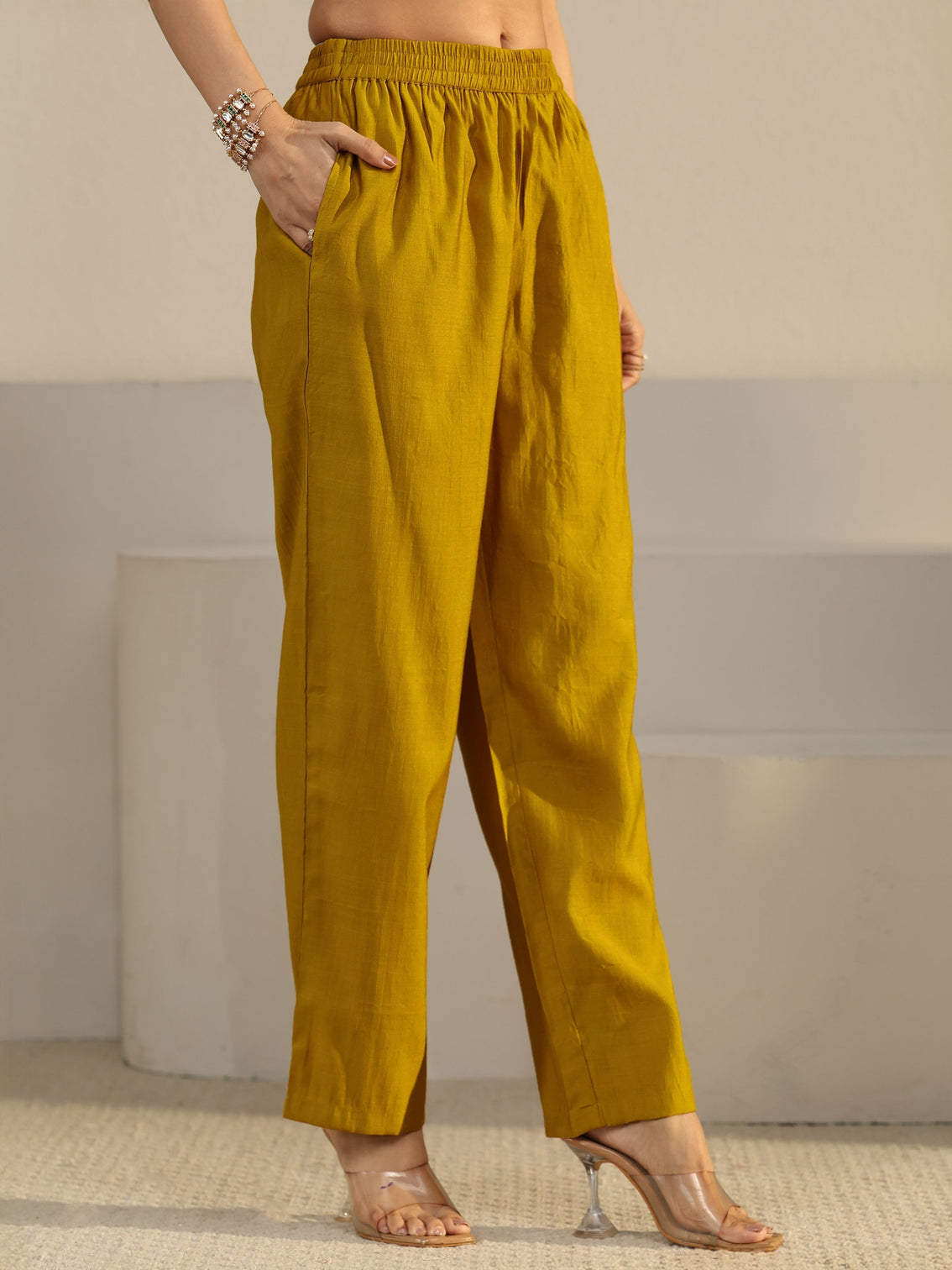 Mameraa Mustard Floral Printed Cotton Blend Straight Suit Set