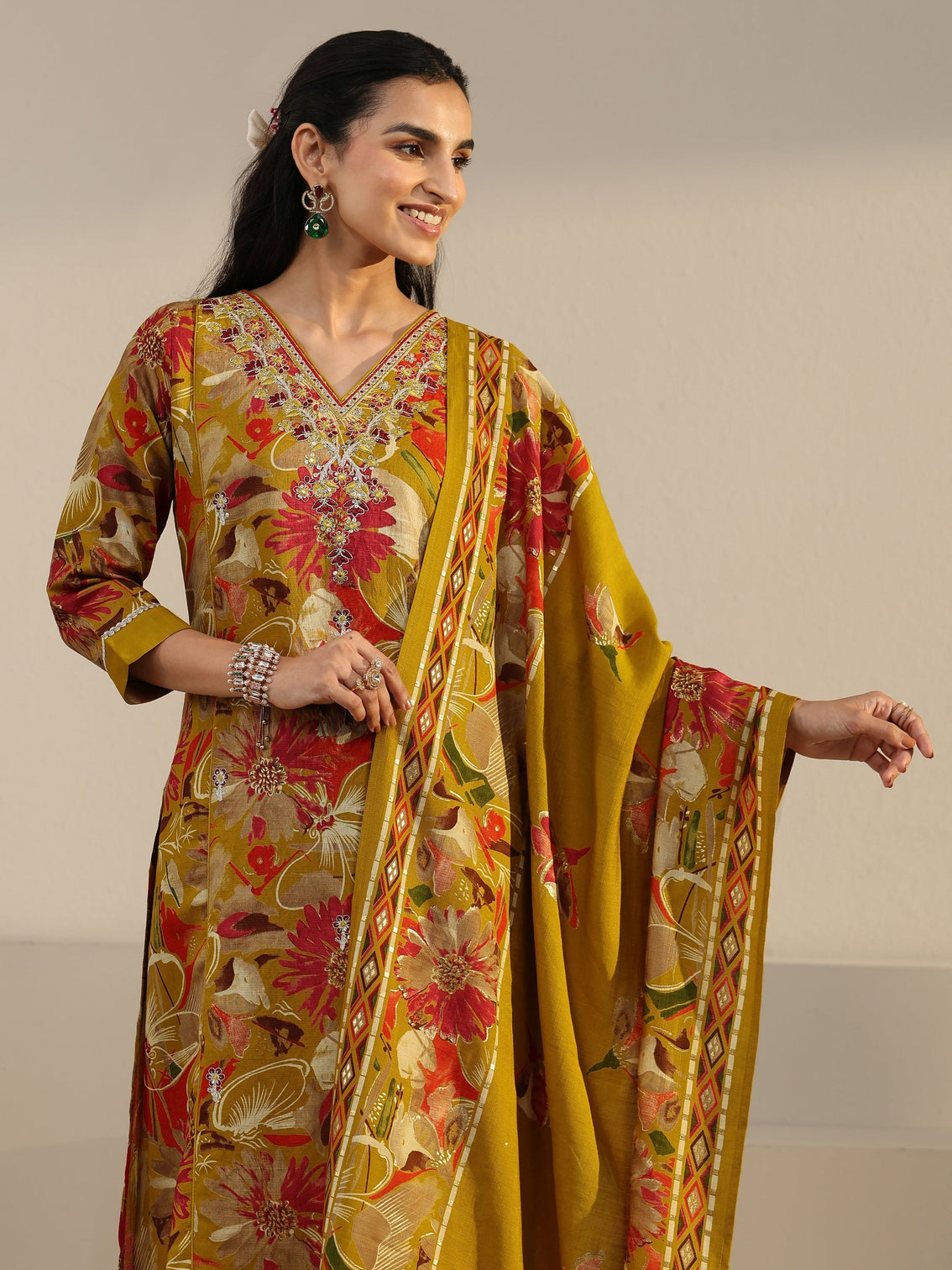 Mameraa Mustard Floral Printed Cotton Blend Straight Suit Set