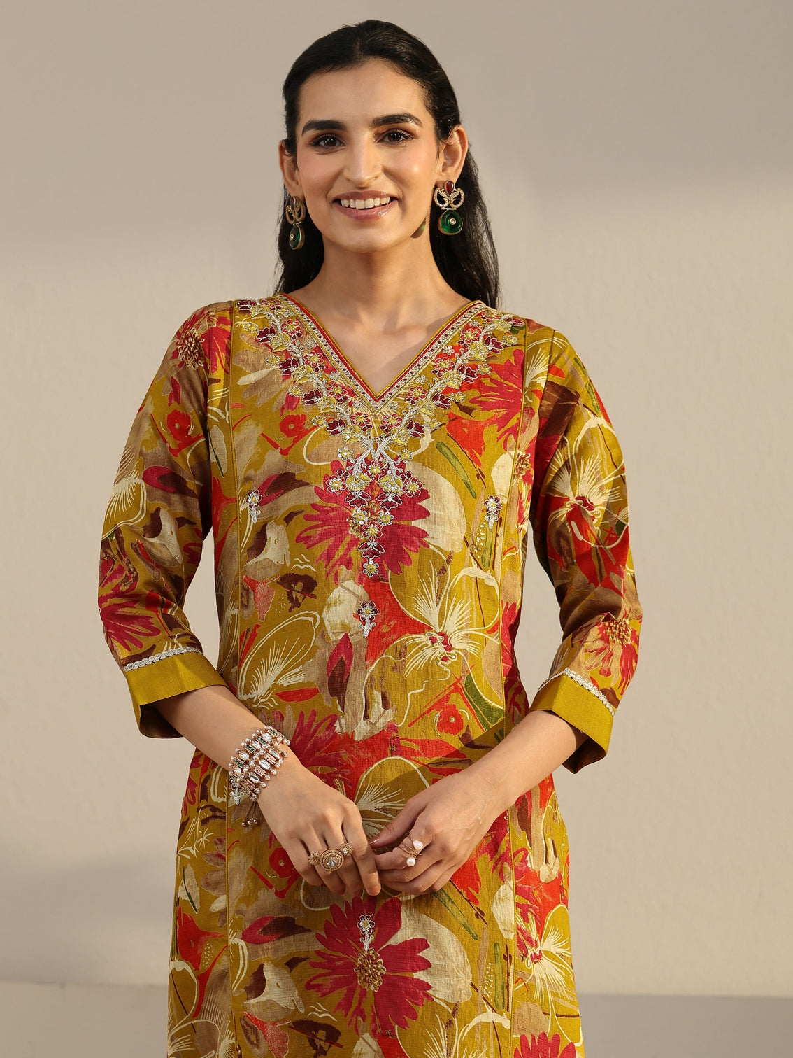 Mameraa Mustard Floral Printed Cotton Blend Straight Suit Set