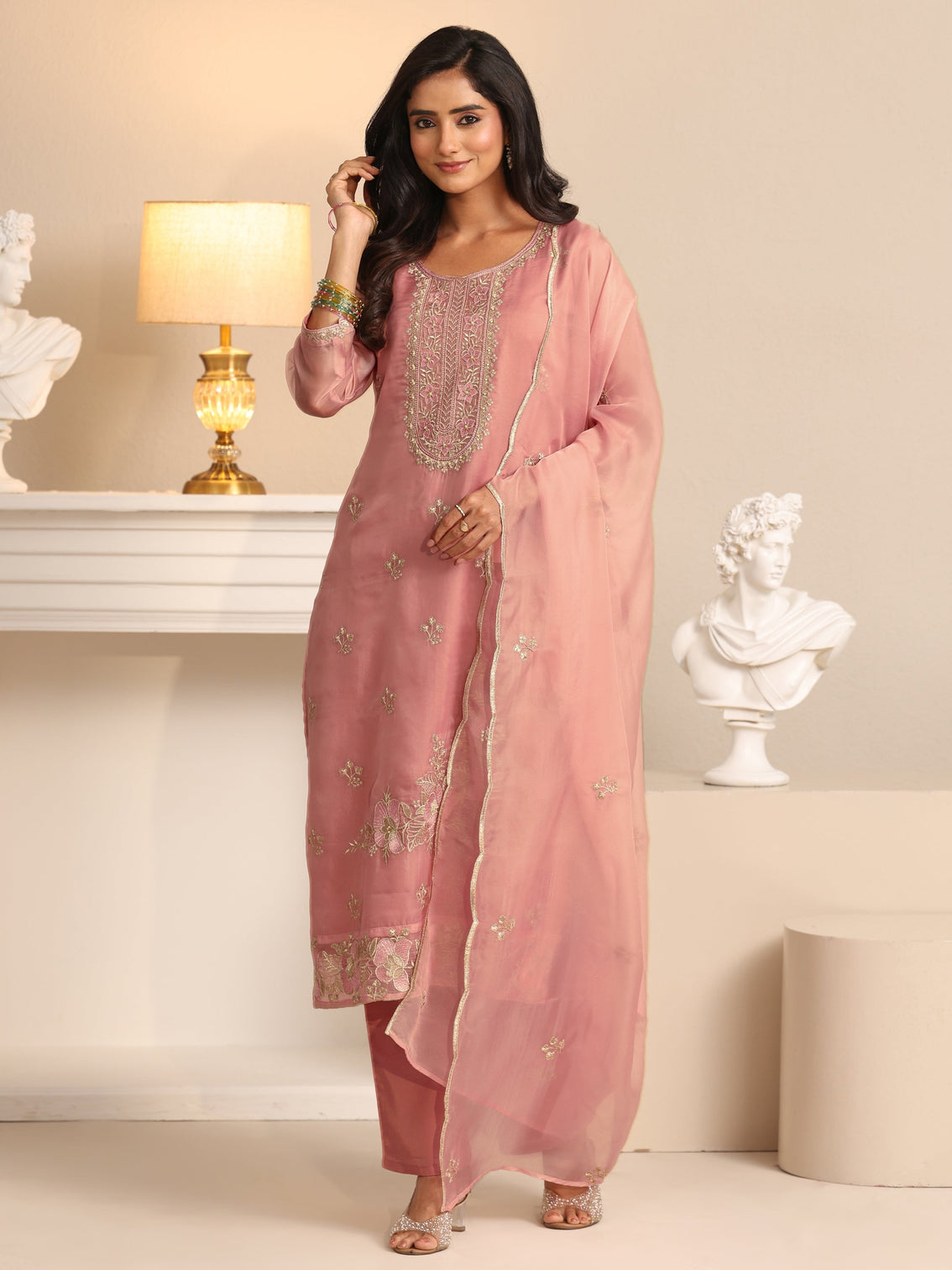 Mameraa Soft Pink Floral Embroidered Organza Straight Suit Set