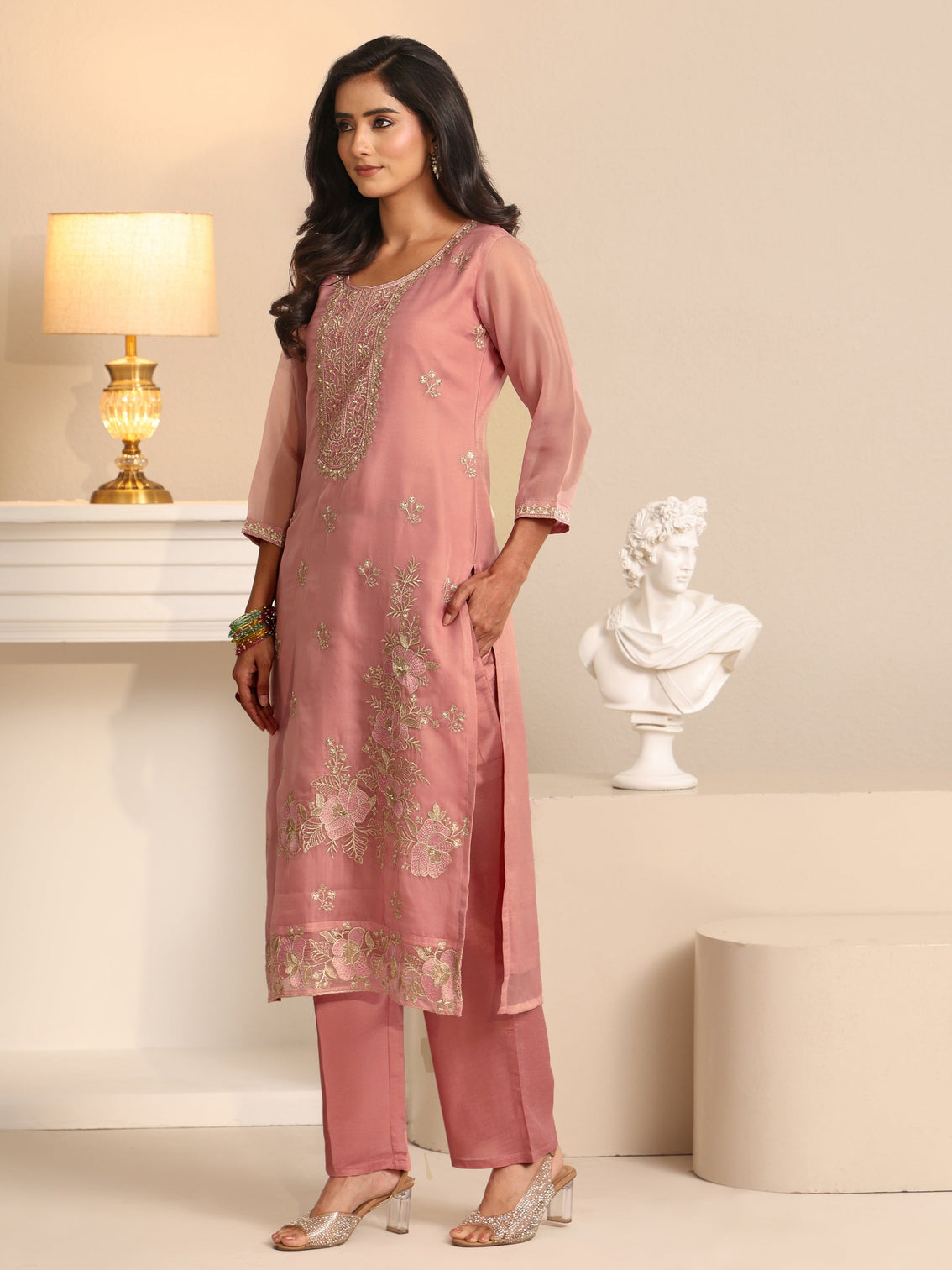 Mameraa Soft Pink Floral Embroidered Organza Straight Suit Set