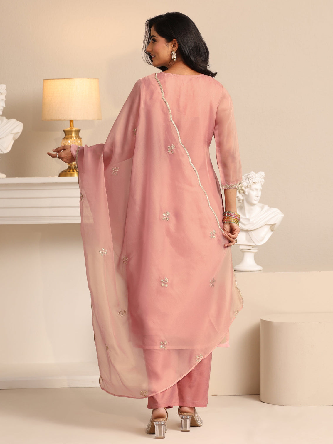 Mameraa Soft Pink Floral Embroidered Organza Straight Suit Set