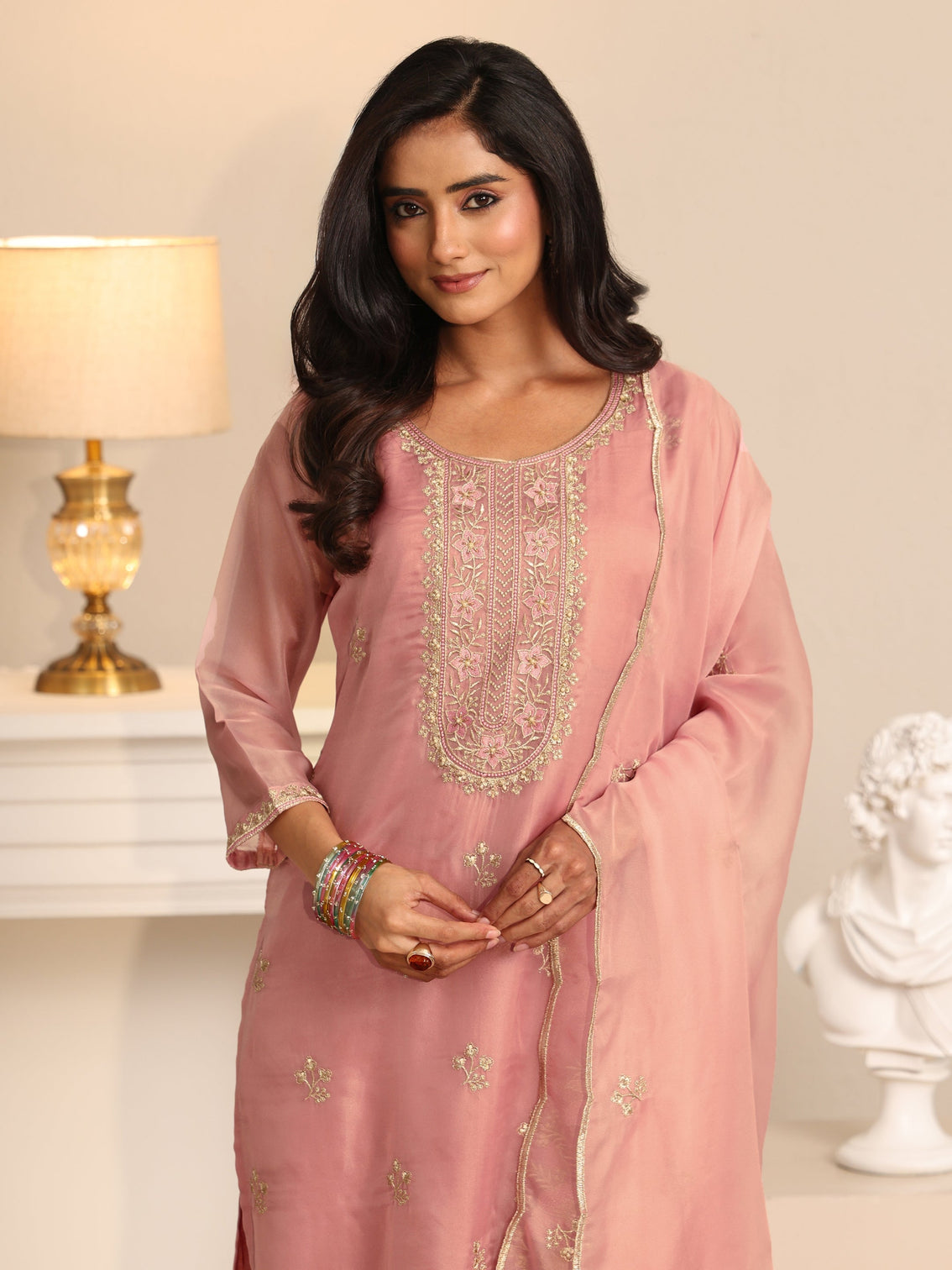 Mameraa Soft Pink Floral Embroidered Organza Straight Suit Set