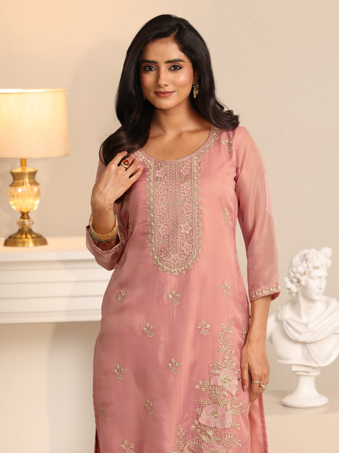 Mameraa Soft Pink Floral Embroidered Organza Straight Suit Set