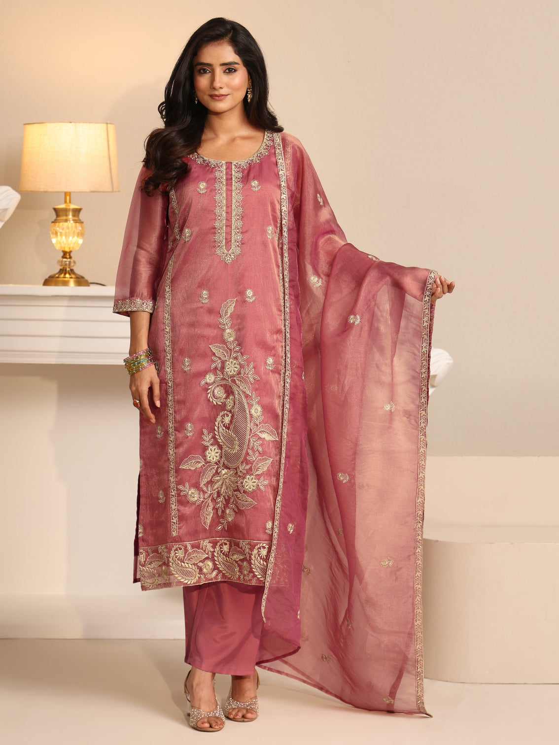 Mameraa Dusty Rose Pink Paisley Embroidered Tissue Straight Suit Set
