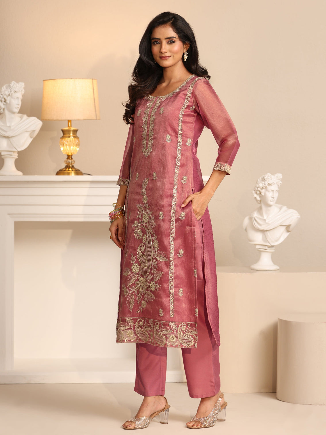 Mameraa Dusty Rose Pink Paisley Embroidered Tissue Straight Suit Set