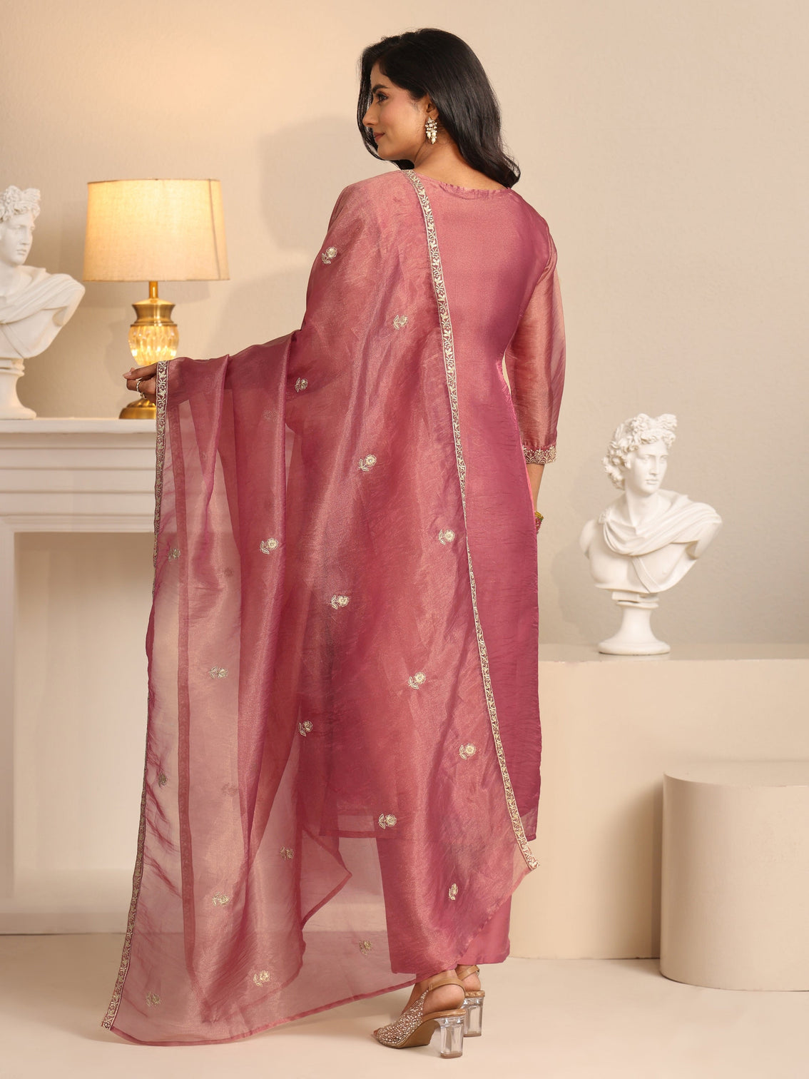 Mameraa Dusty Rose Pink Paisley Embroidered Tissue Straight Suit Set