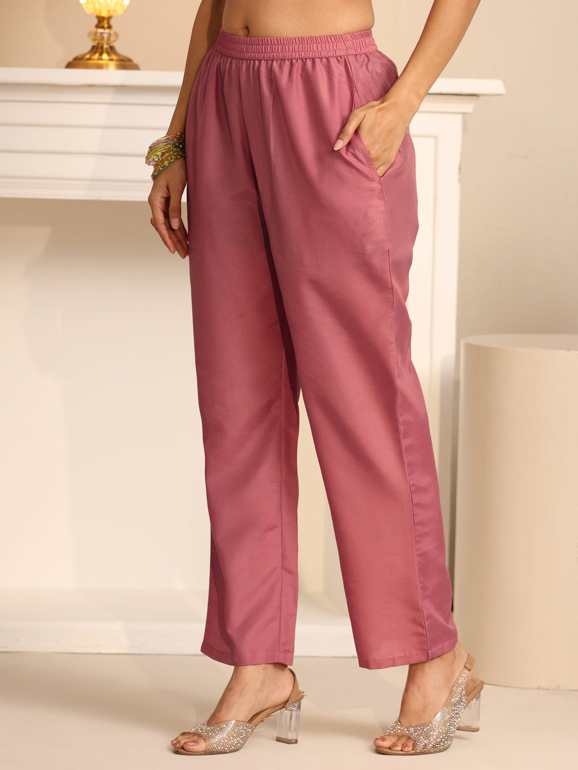 Mameraa Dusty Rose Pink Paisley Embroidered Tissue Straight Suit Set