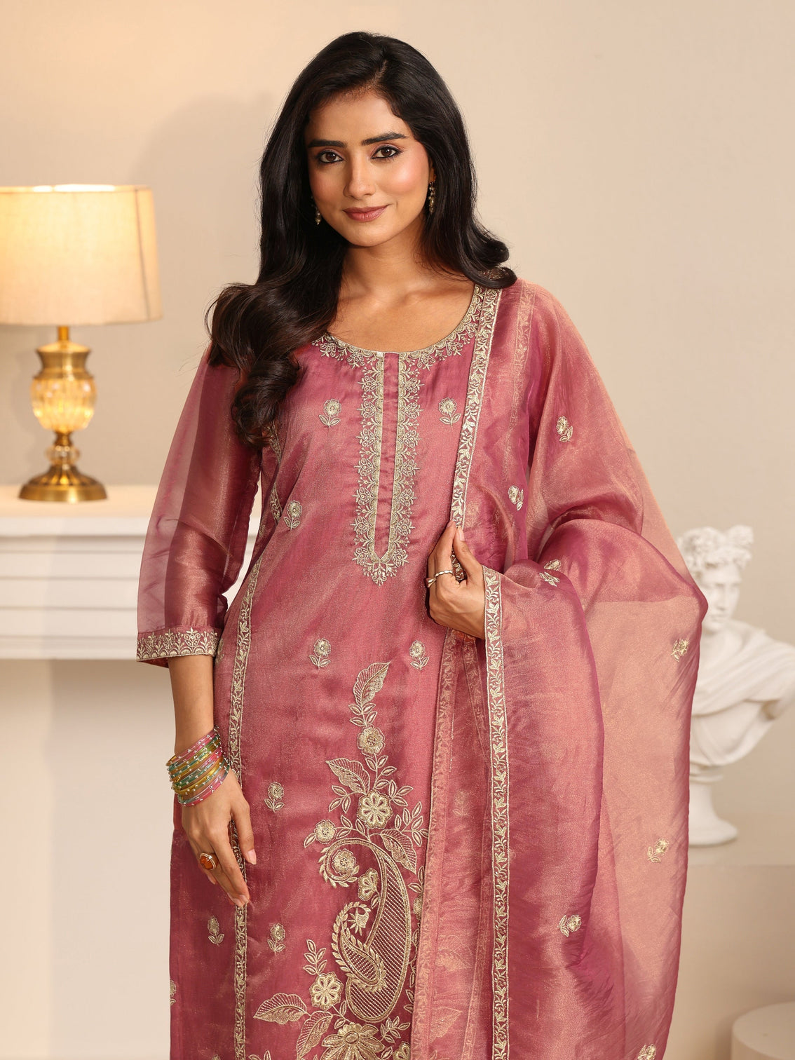 Mameraa Dusty Rose Pink Paisley Embroidered Tissue Straight Suit Set