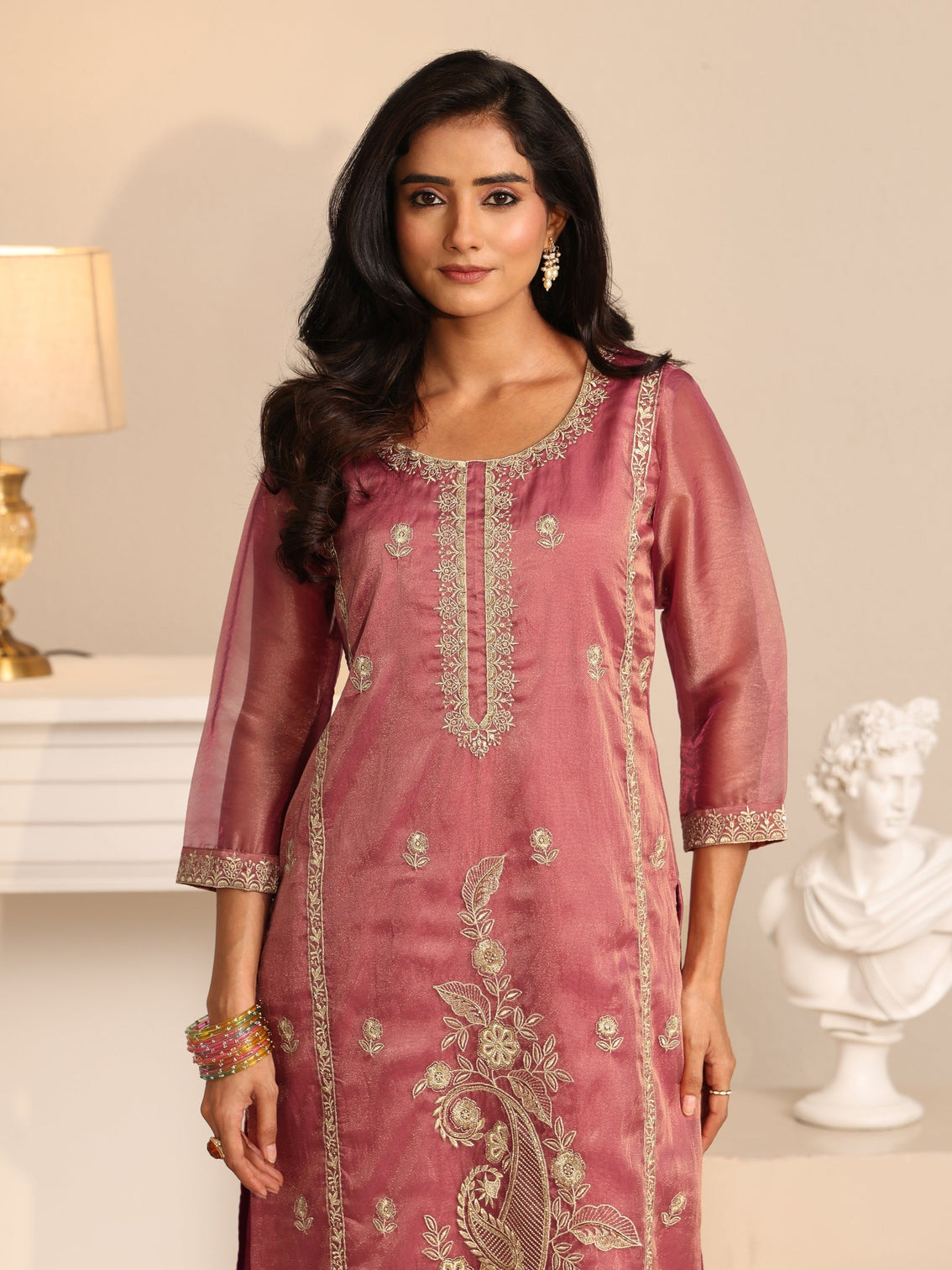 Mameraa Dusty Rose Pink Paisley Embroidered Tissue Straight Suit Set
