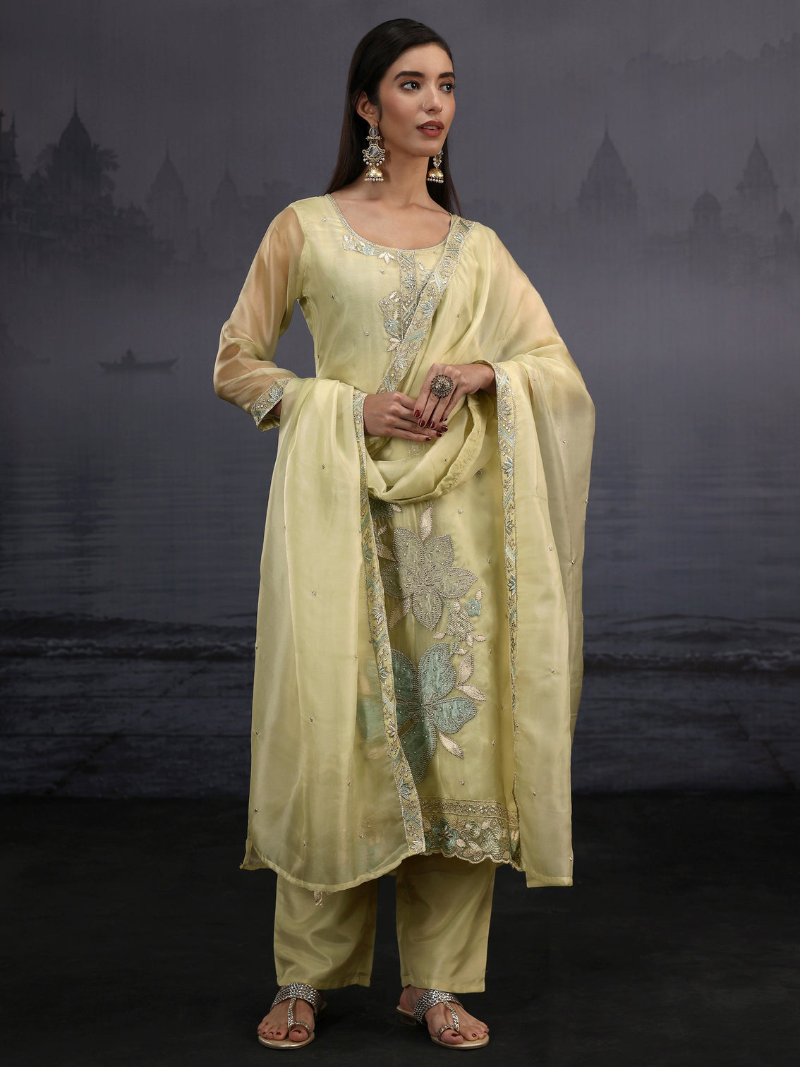 Mameraa Pista Green Floral Embroidered Organza Straight Suit Set