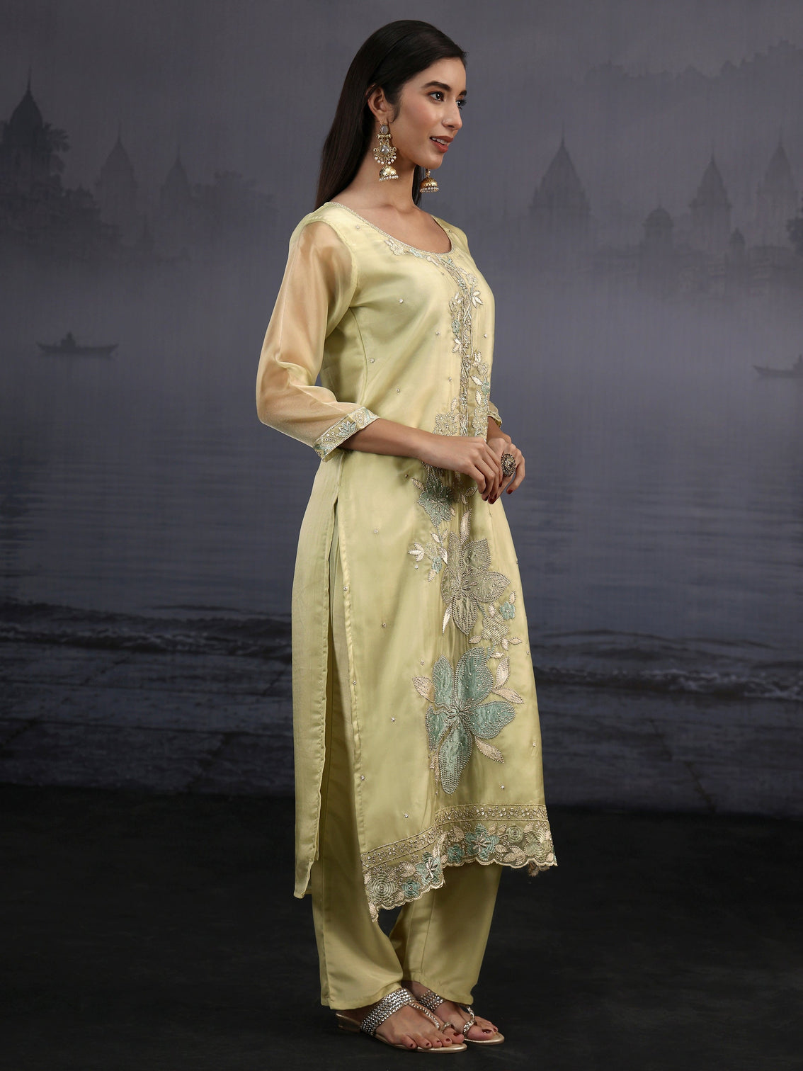 Mameraa Pista Green Floral Embroidered Organza Straight Suit Set