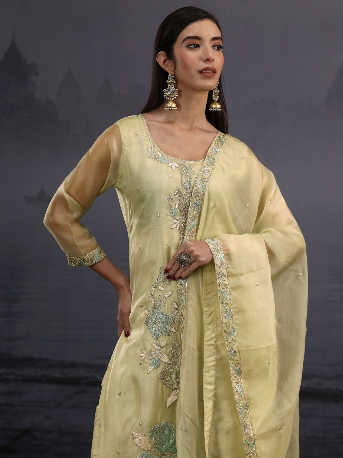 Mameraa Pista Green Floral Embroidered Organza Straight Suit Set