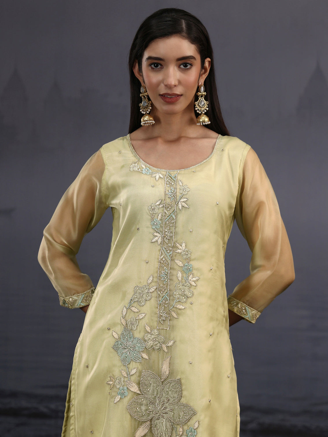 Mameraa Pista Green Floral Embroidered Organza Straight Suit Set