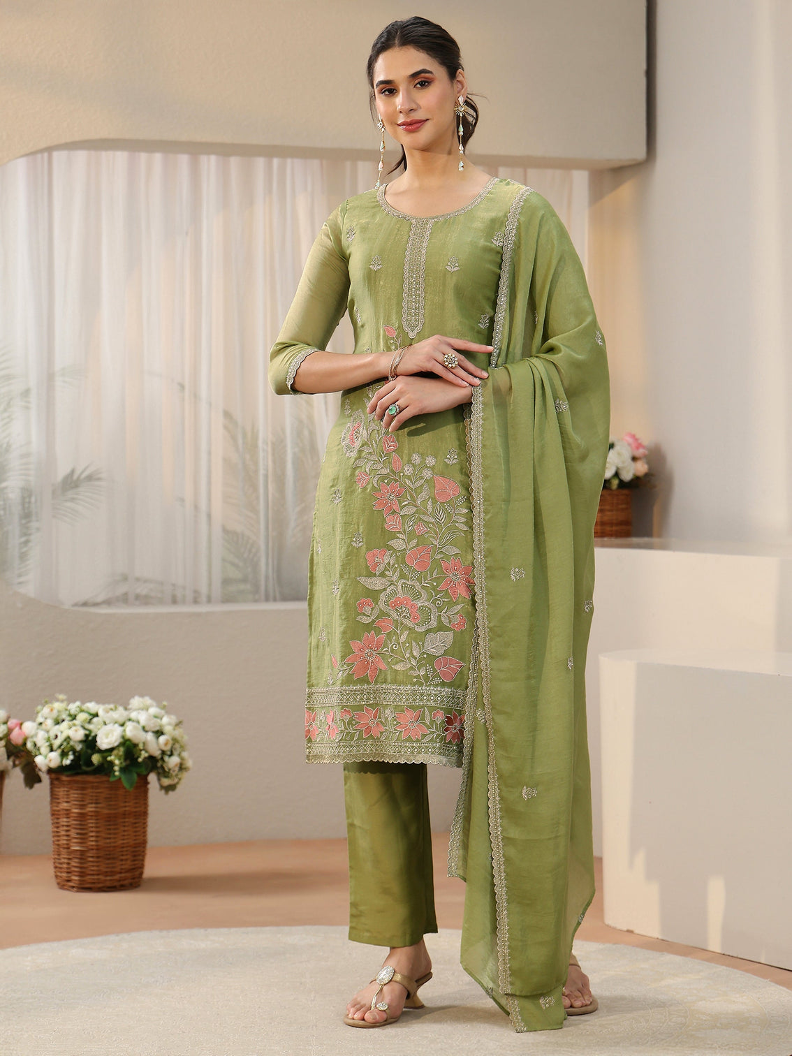 Mameraa Moss Green Floral Embroidered Tissue Straight Suit Set