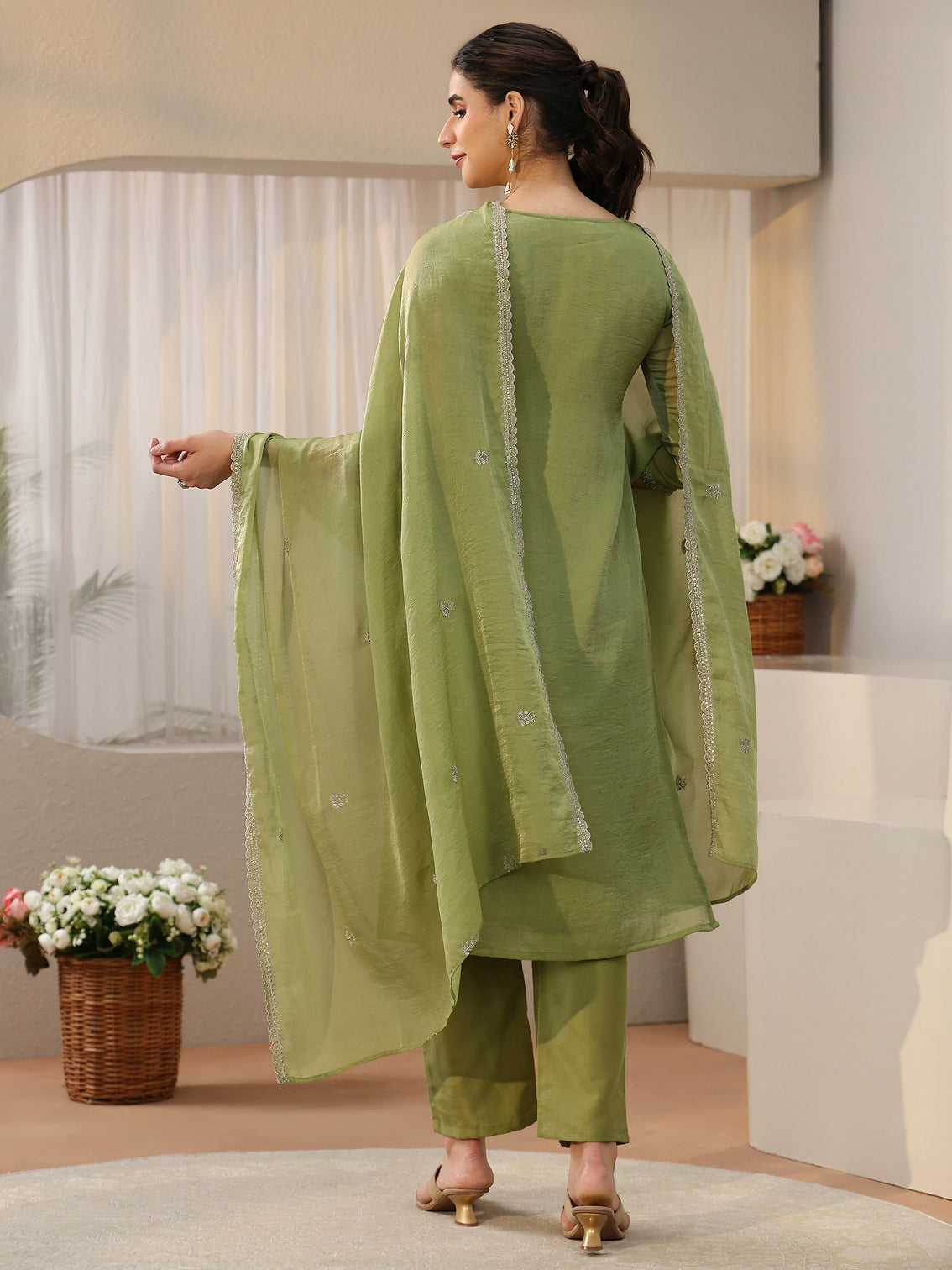 Mameraa Moss Green Floral Embroidered Tissue Straight Suit Set