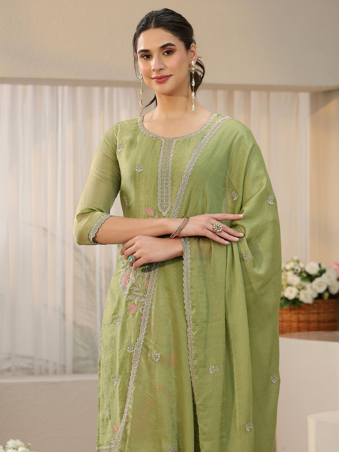 Mameraa Moss Green Floral Embroidered Tissue Straight Suit Set