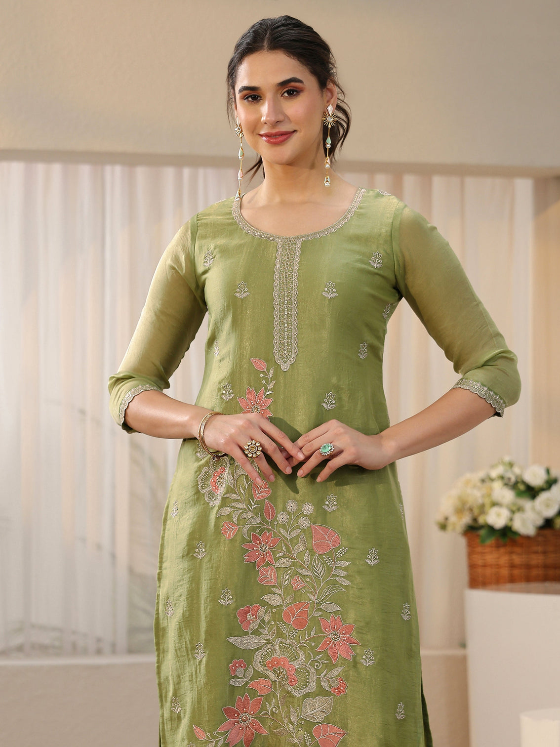 Mameraa Moss Green Floral Embroidered Tissue Straight Suit Set
